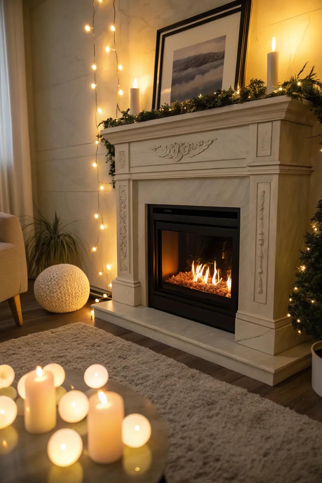 Electric fireplace enhanced with elegant LED lighting for a warm atmosphere.