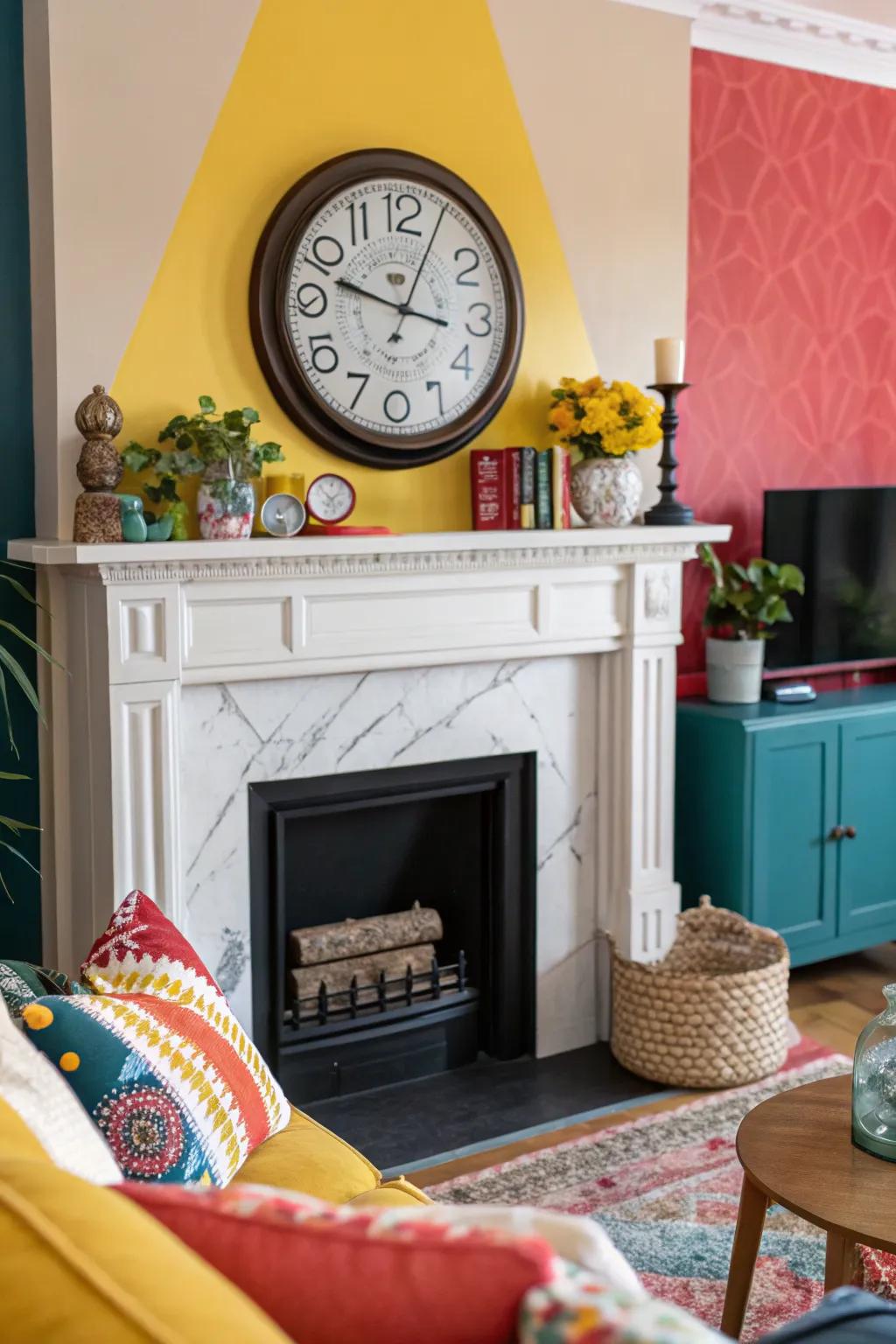 A colorful mantel with contrasting decor that highlights the clock.