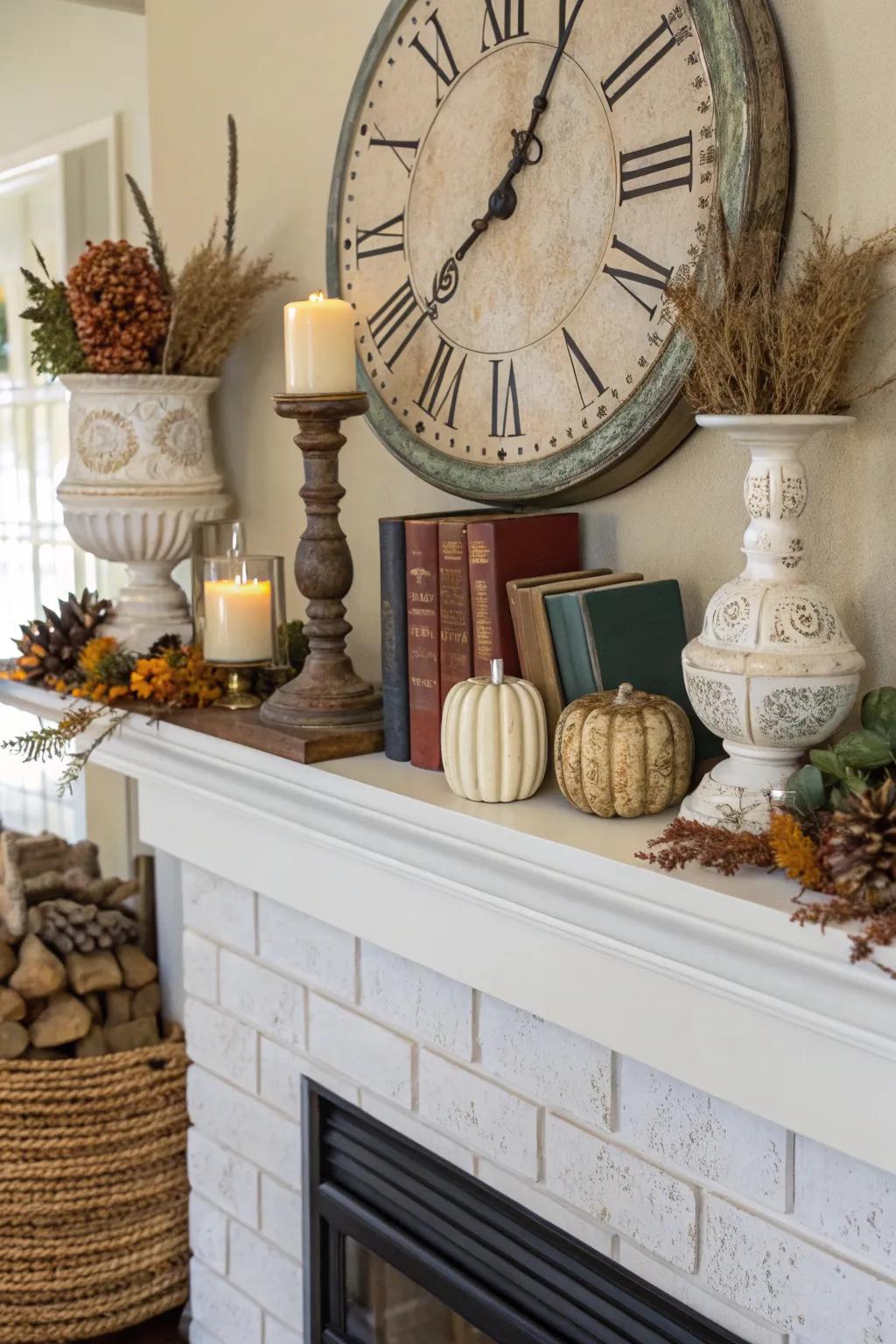A textured mantel with a mix of materials and a central clock.