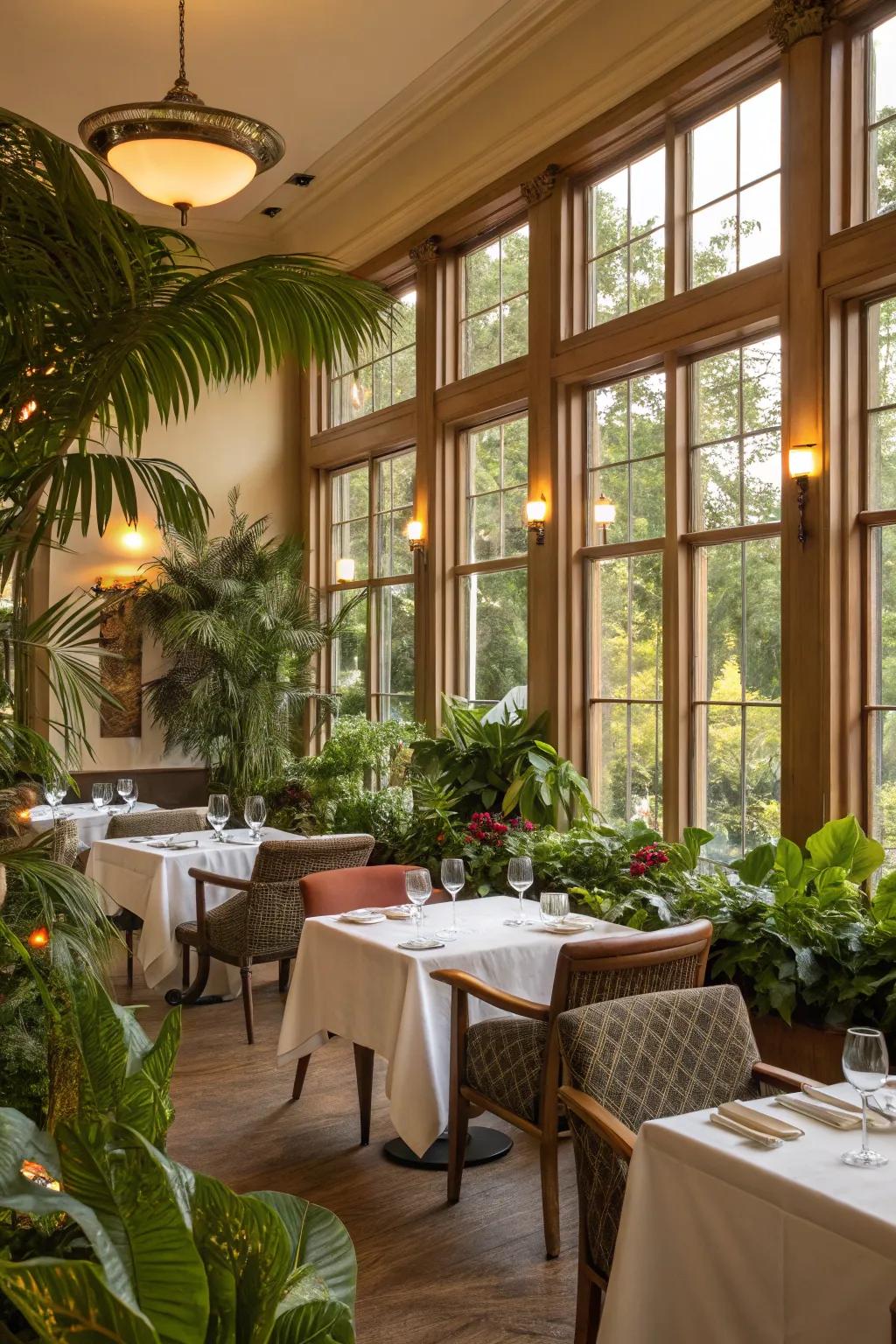 Sunlight streaming through windows with lush plants enhancing the dining area.
