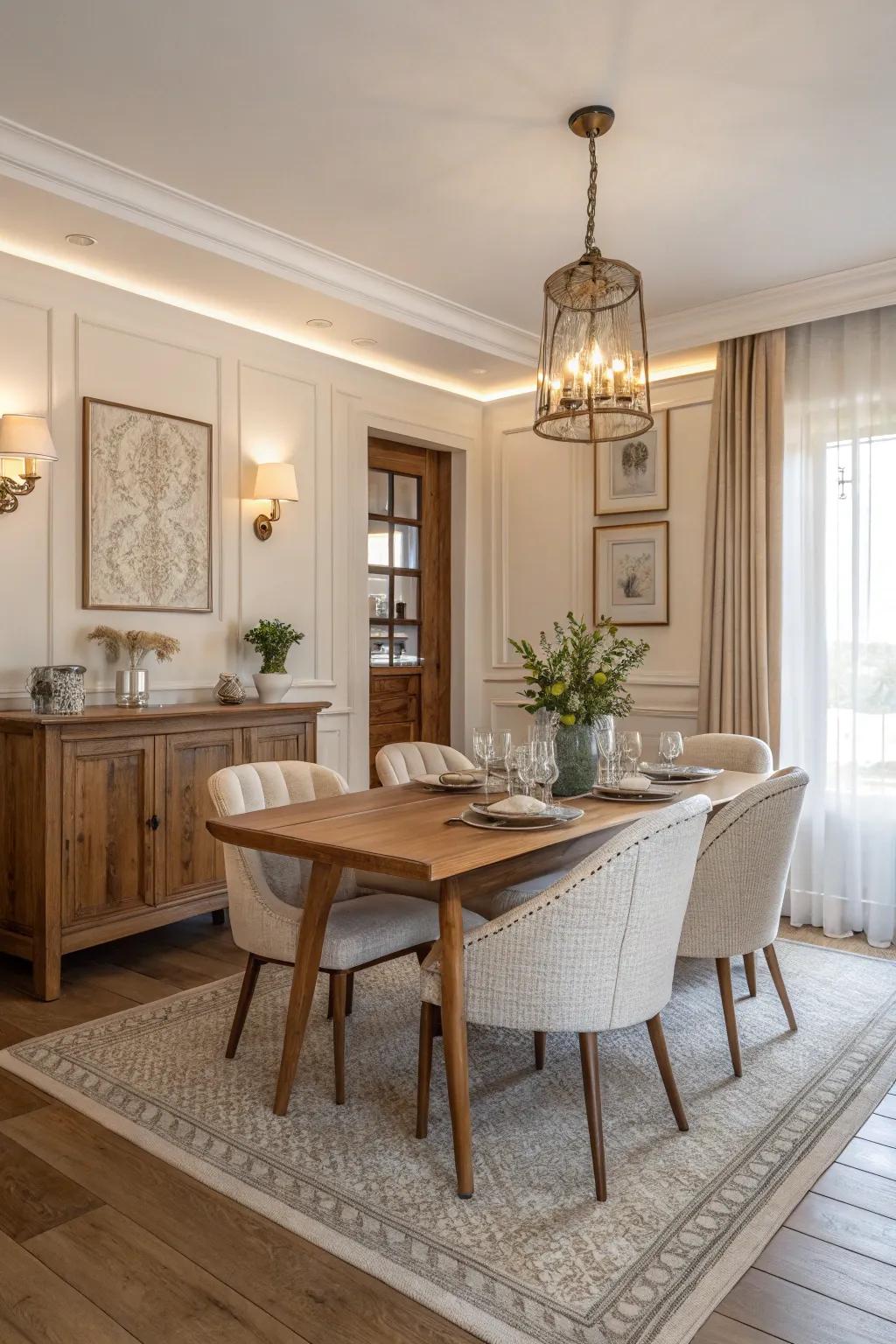 Dining room with calming whites, creams, and natural wood tones.