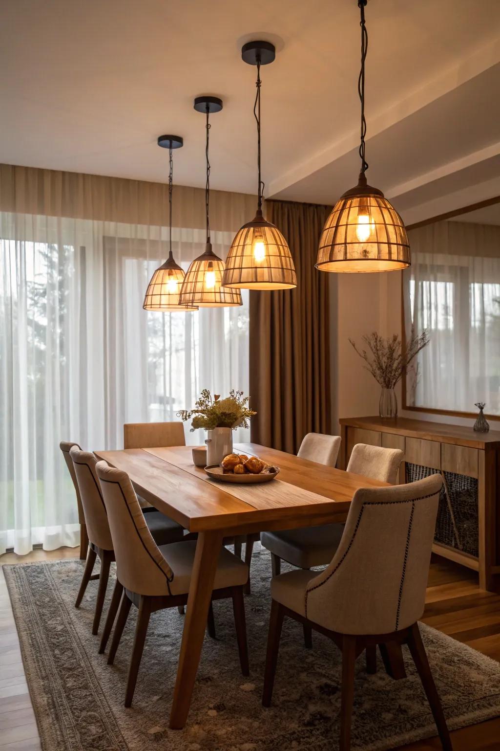 Pendant lights casting a warm glow over the dining table.
