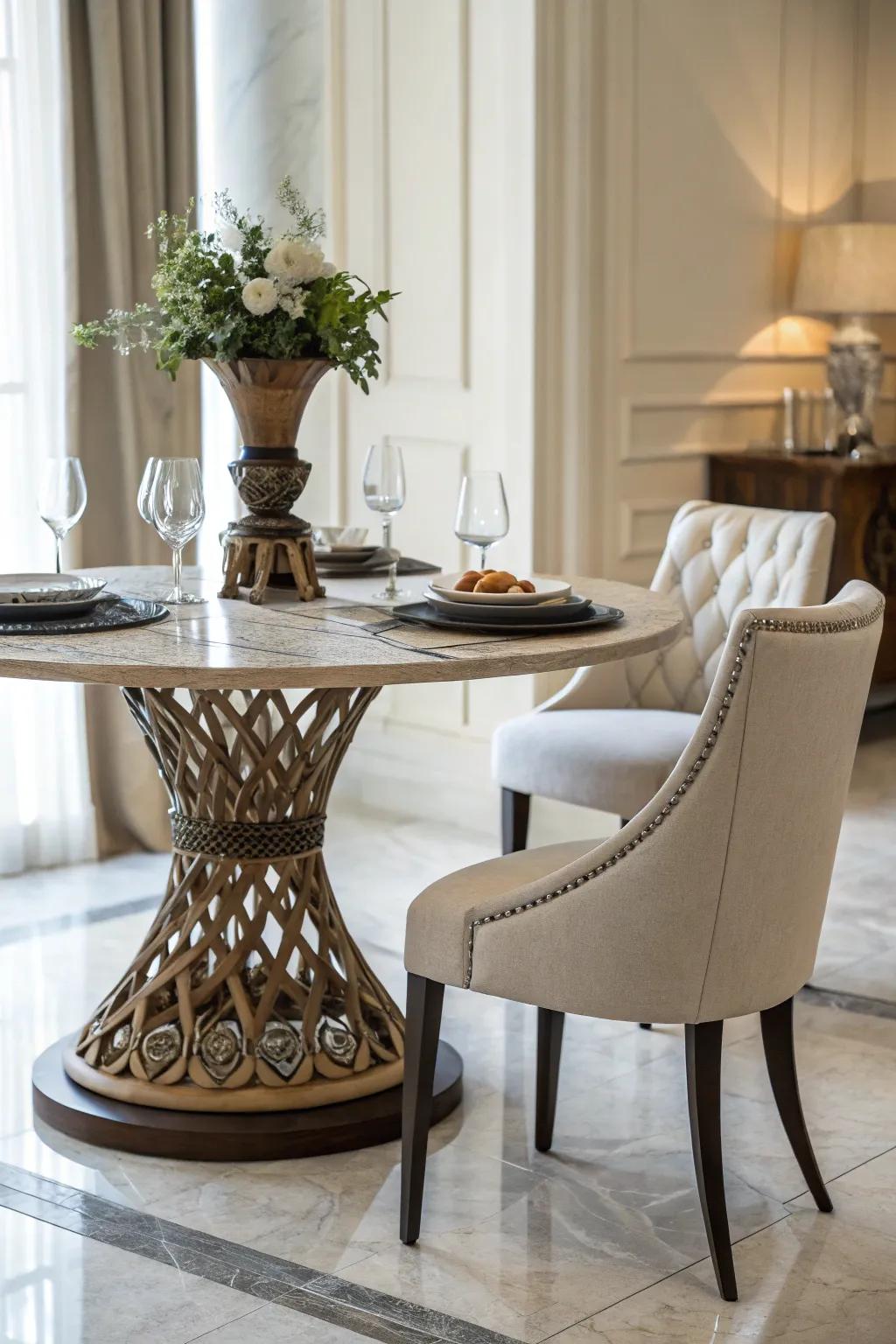 Unique table base paired with minimalist chairs emphasizing design details.