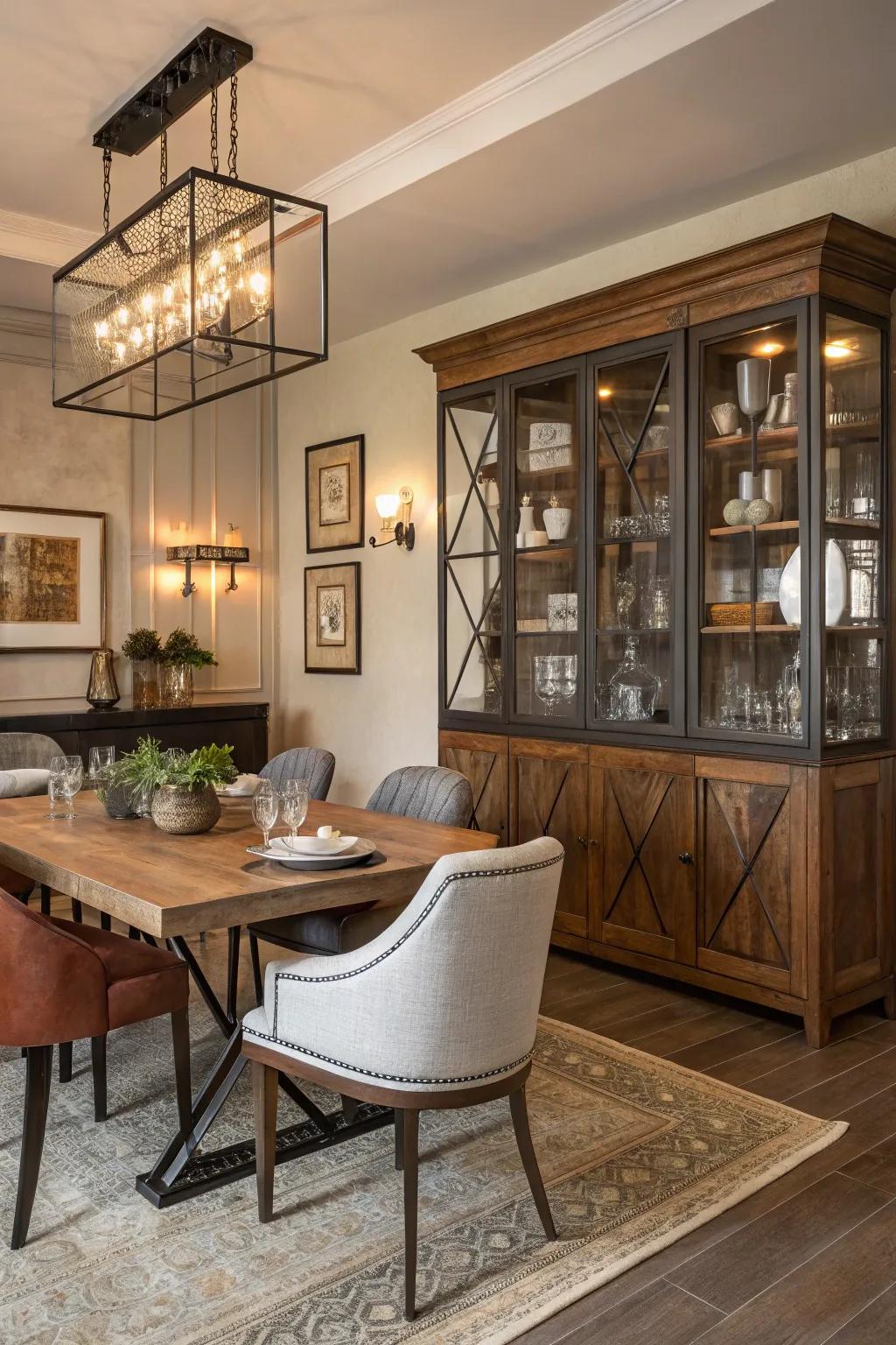 Dining space featuring a mix of wood, metal, and glass for a personalized style.