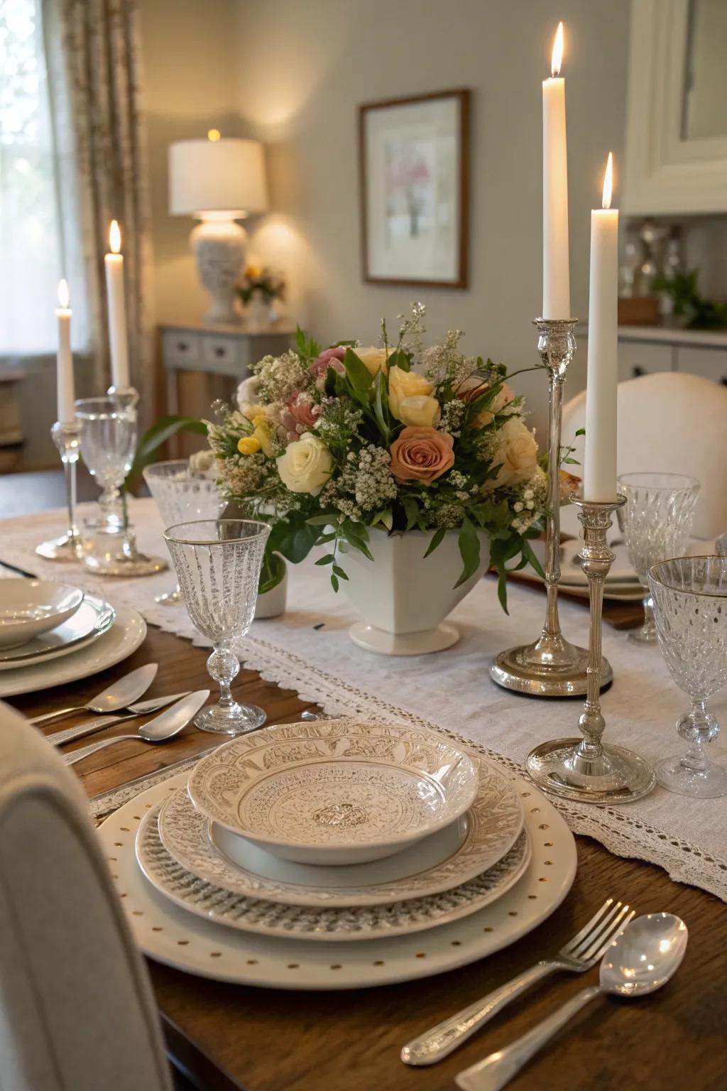 Layered table settings and centerpieces adding depth and style.