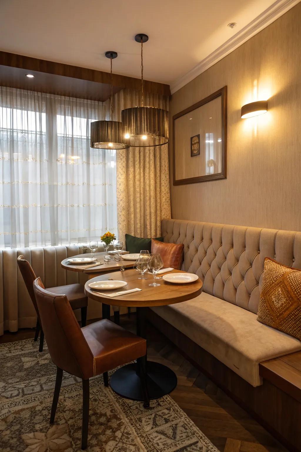 Cozy banquette seating arrangement maximizing dining space.