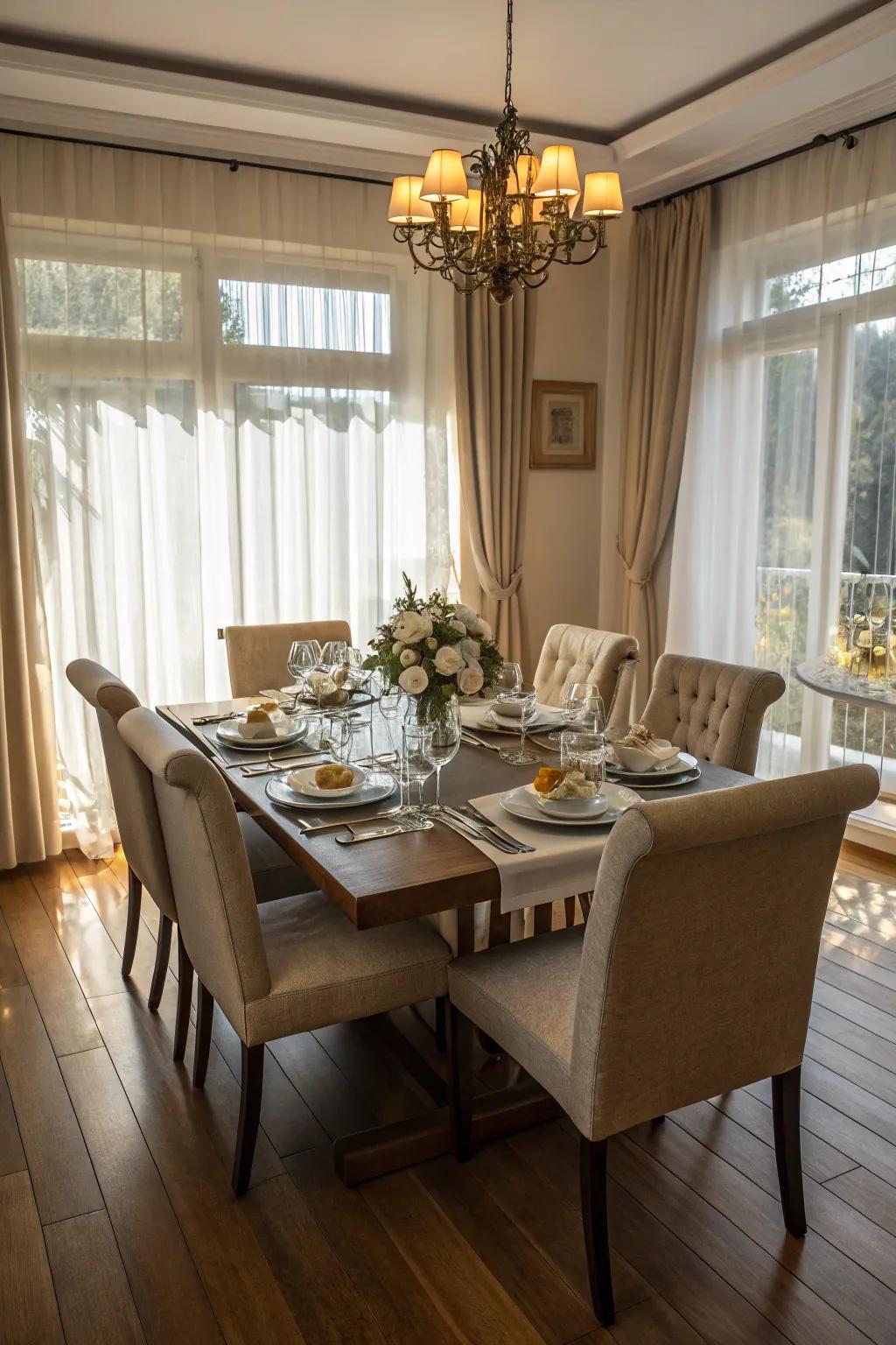 Square dining table encouraging close conversation and connection.
