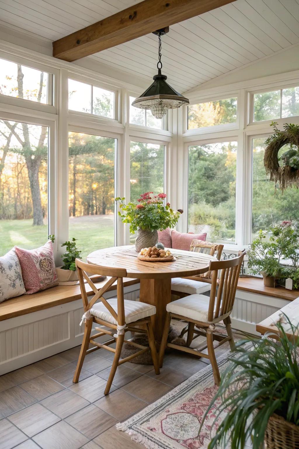 Converted sunroom serving as a cozy dining nook blending style and function.