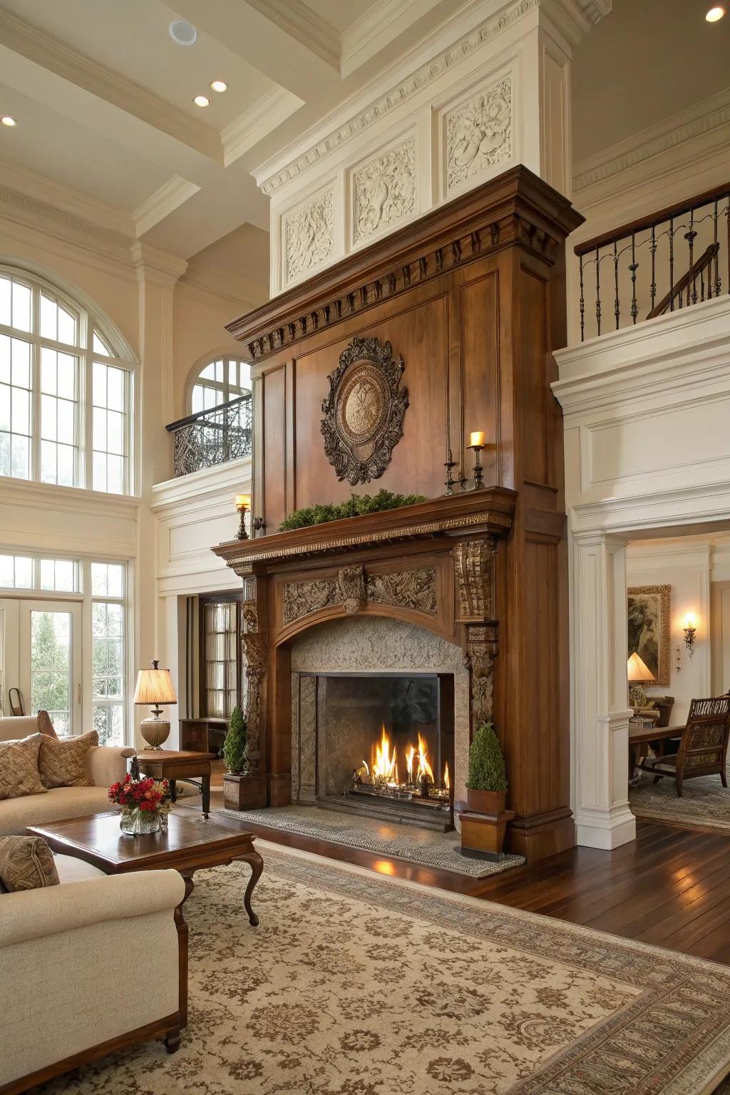 A grand fireplace serving as the cozy focal point in a colonial living room.