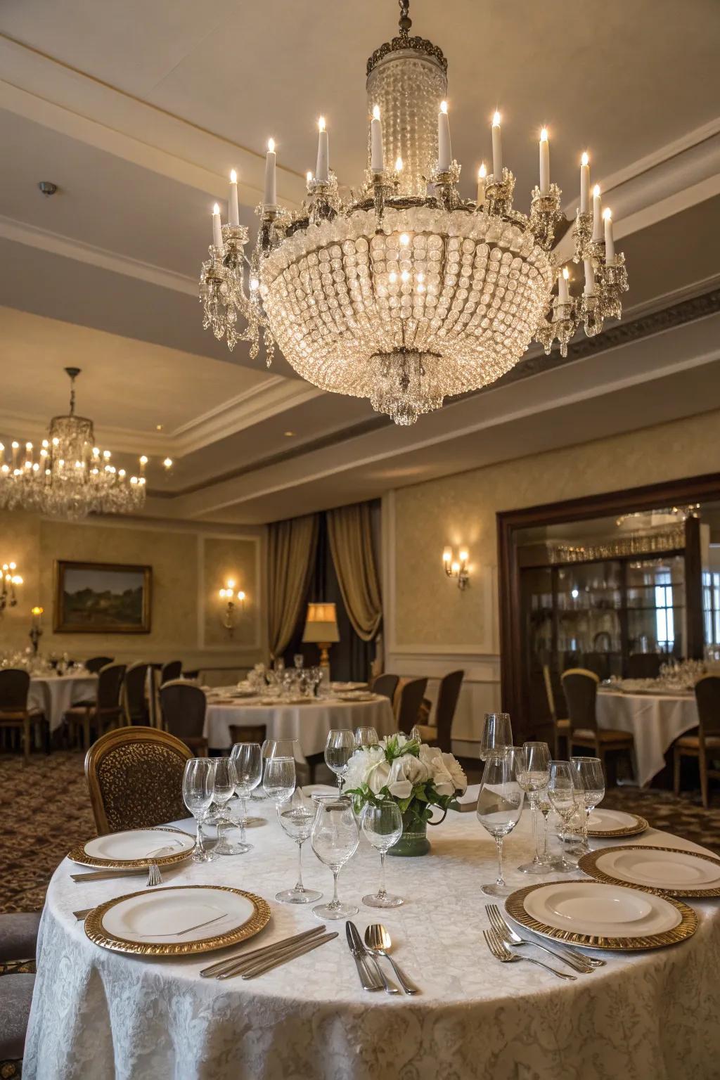 Elegant chandeliers and fine tableware creating a sophisticated dining experience.