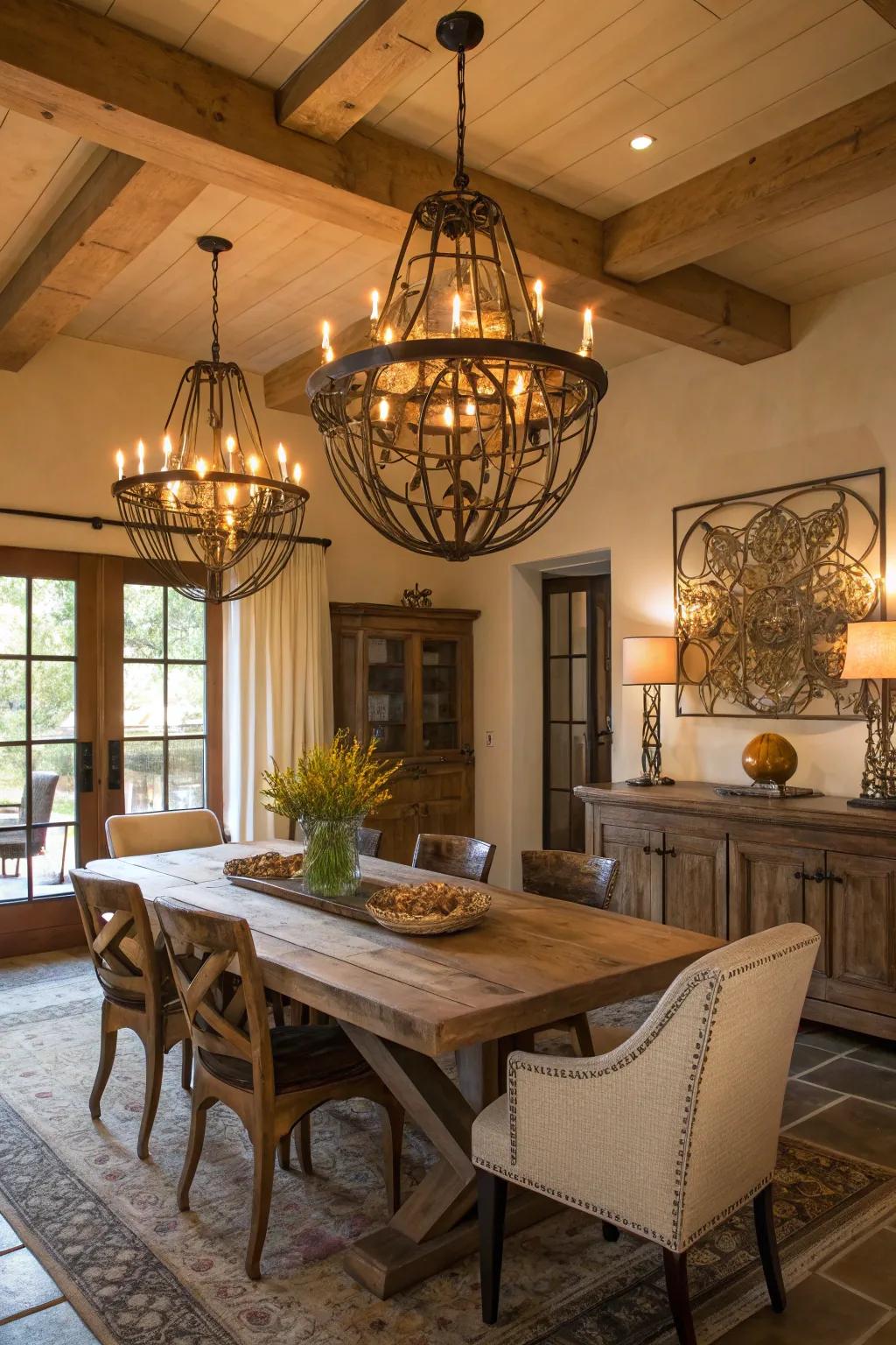 Sculptural light fixtures serve as art pieces.