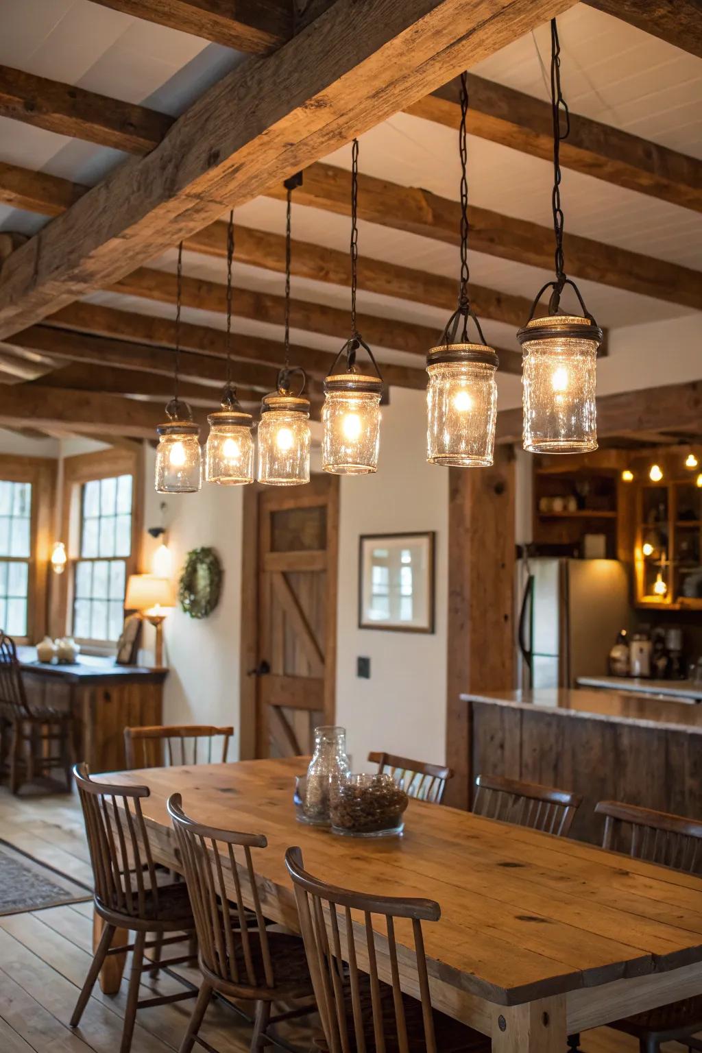 Mason jar pendant lights add a rustic touch to the dining room.