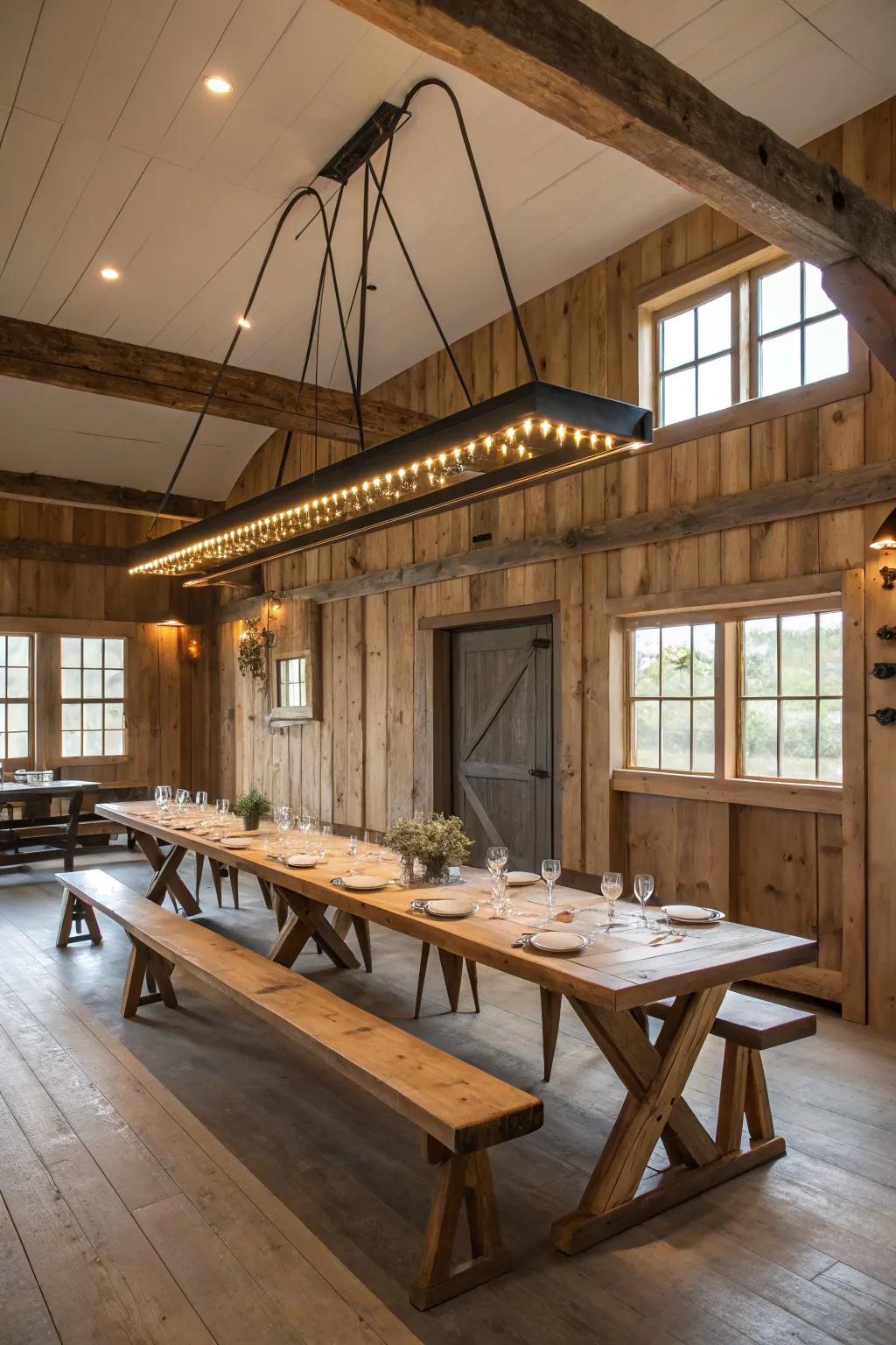 Linear lighting enhances the ambiance of a long dining table.