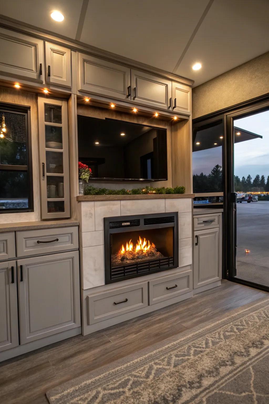 Functional fireplace with ample storage solutions.