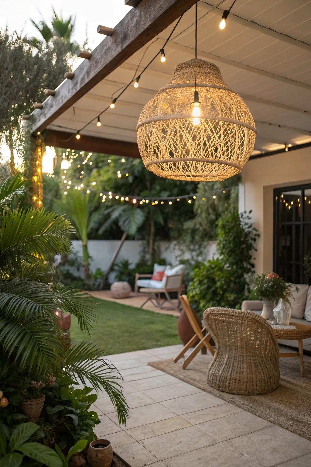 A natural fiber light fixture enhances the boho ambiance of this patio.
