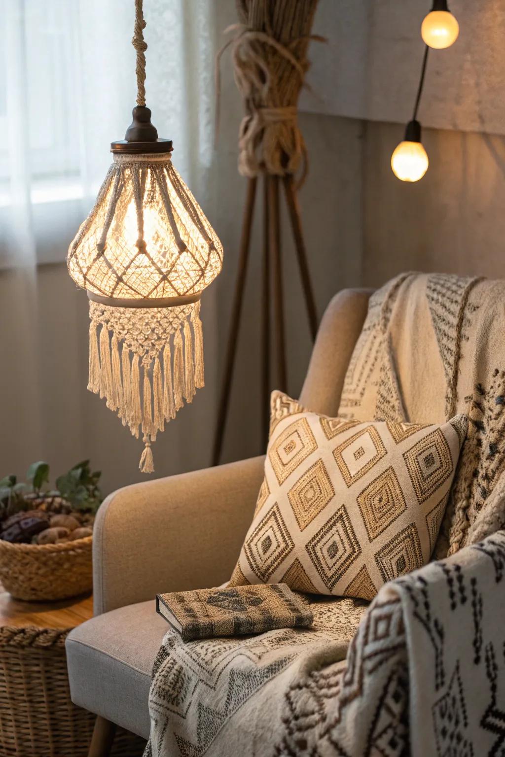 A macramé hanging lamp adds texture and warmth to this boho-inspired corner.