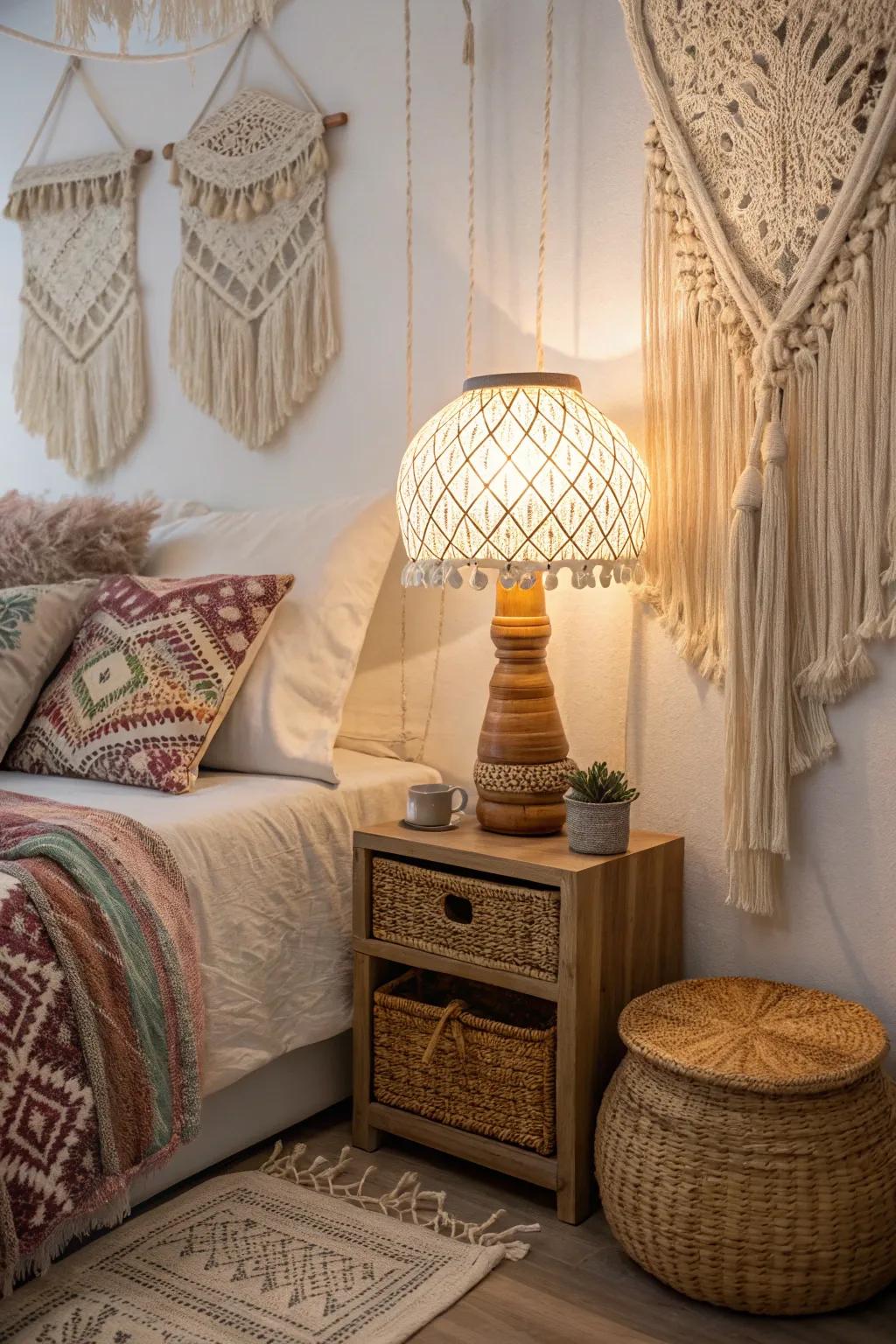 A tassel lamp adds movement and charm to this boho bedroom.