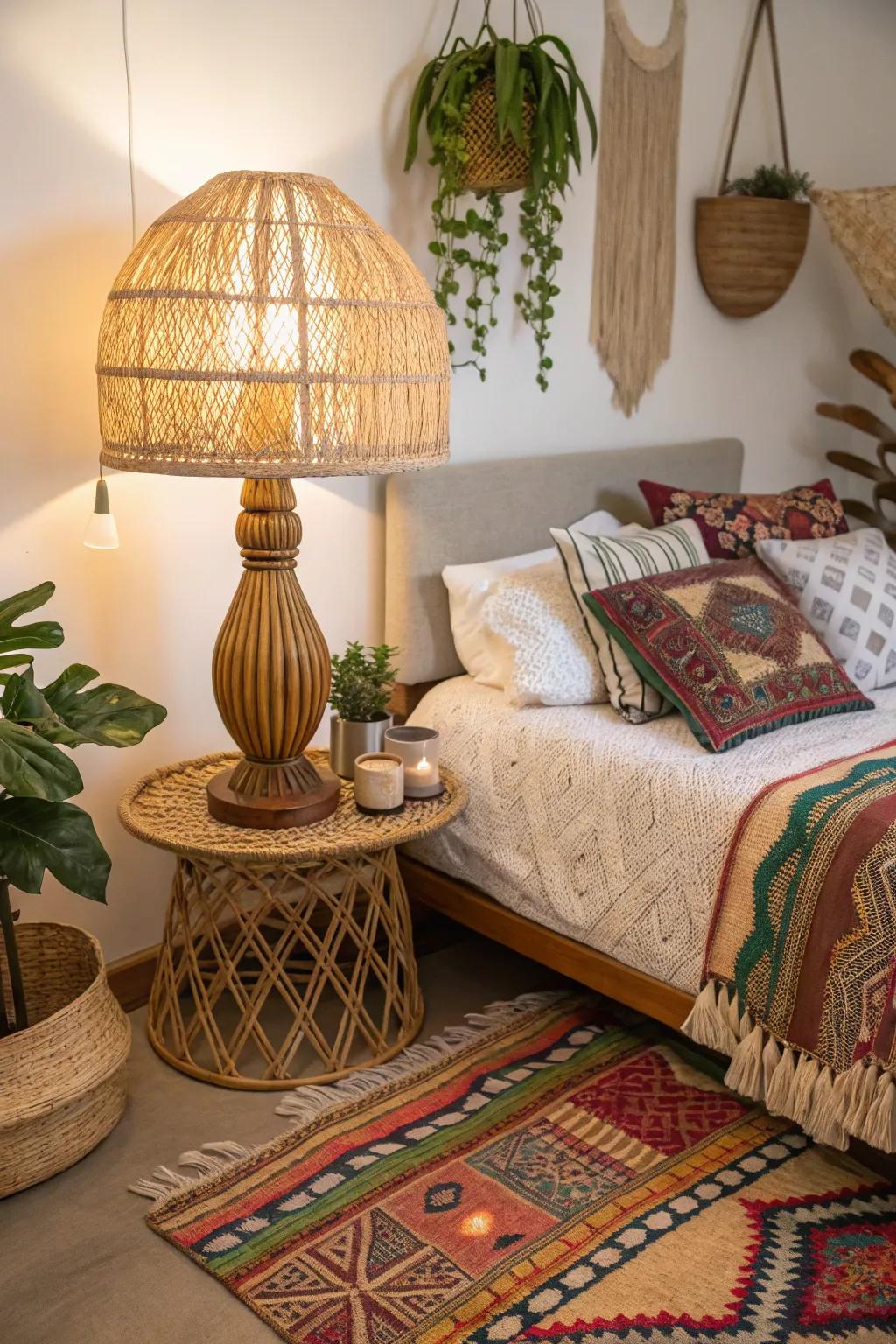 A wicker lampshade adds a natural, boho feel to this bedroom.