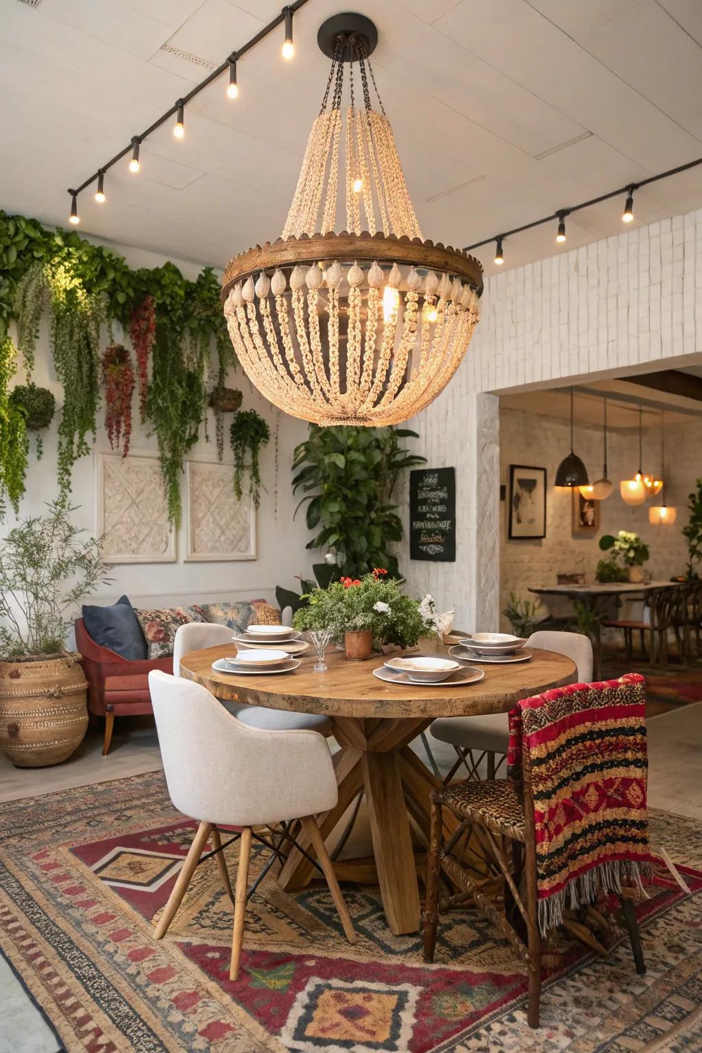 A wood bead chandelier adds whimsy and elegance to this dining space.