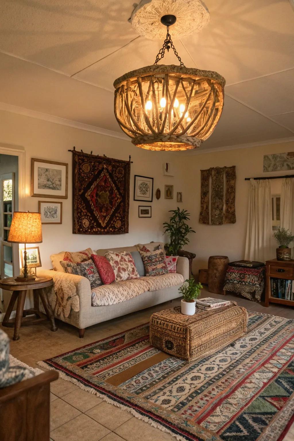 A driftwood light fixture adds a bold, artistic touch to this boho living room.