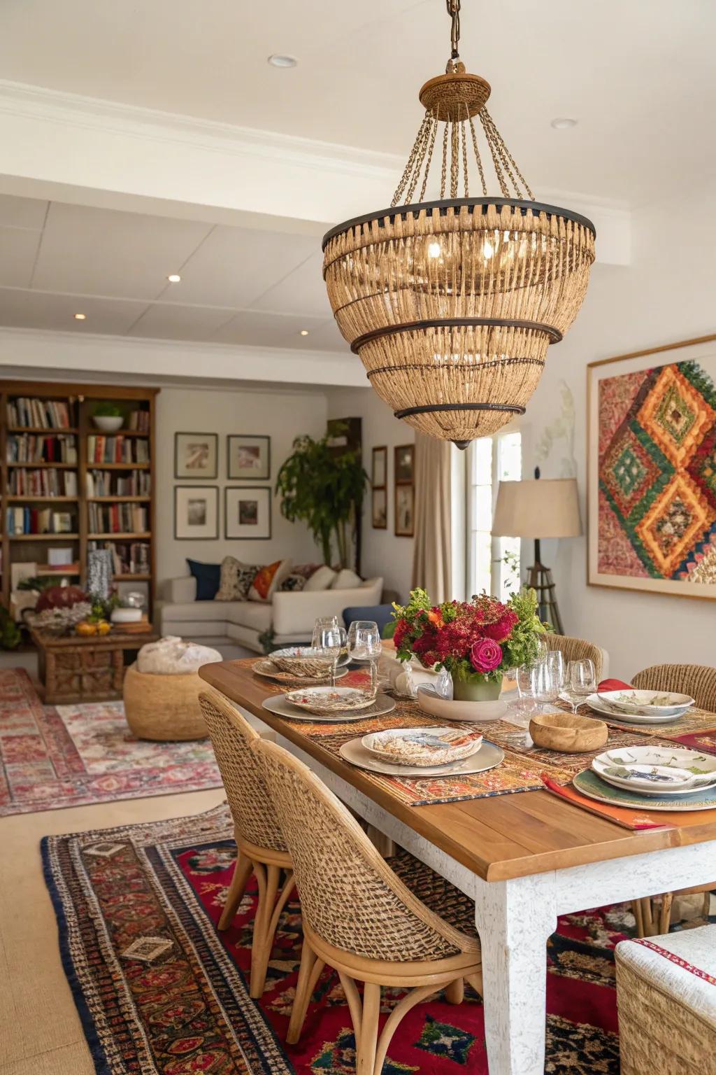 A beaded chandelier adds elegance and whimsy to this boho dining space.