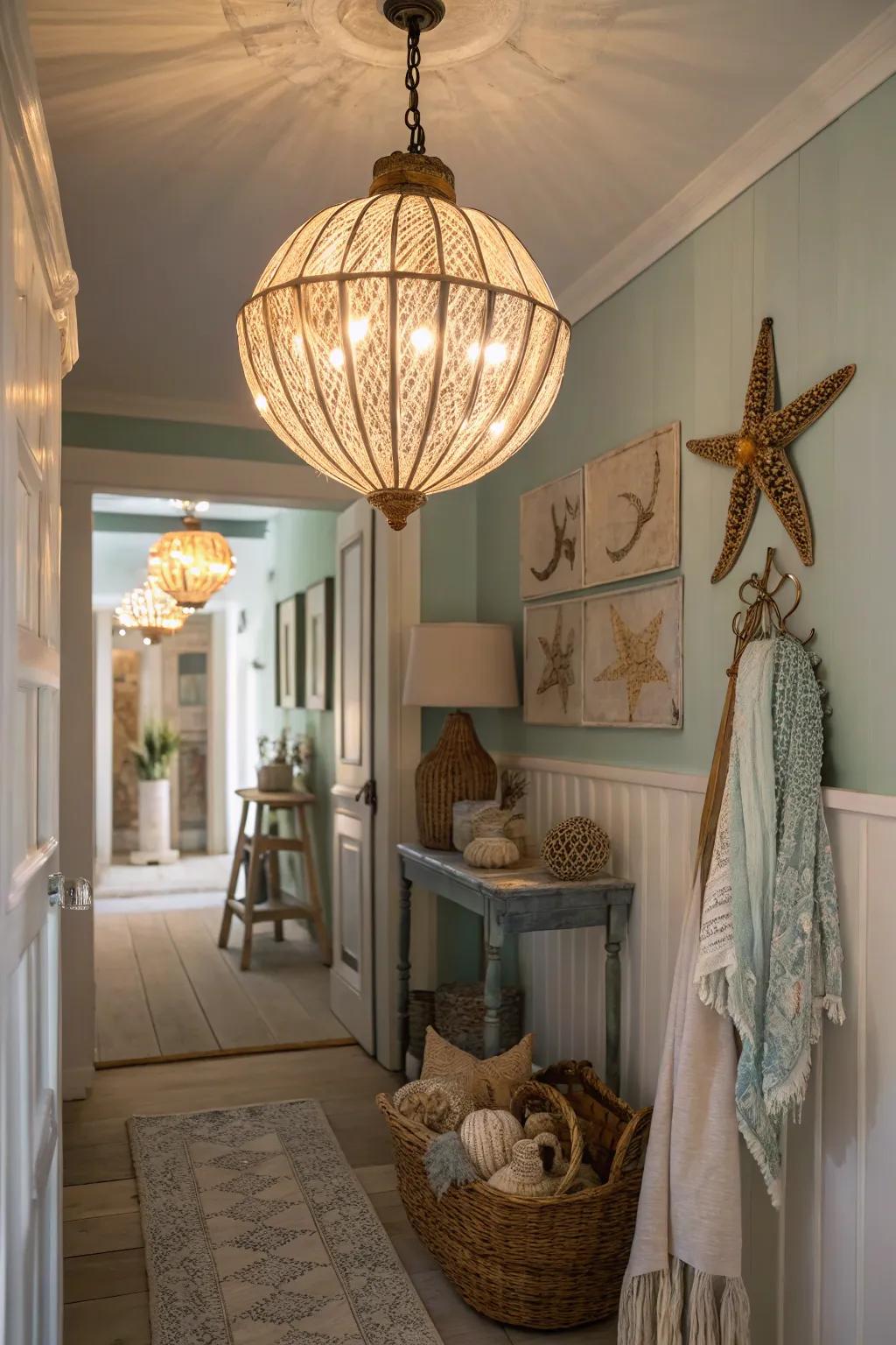 A shell pendant light brings a natural luminescence to this boho hallway.