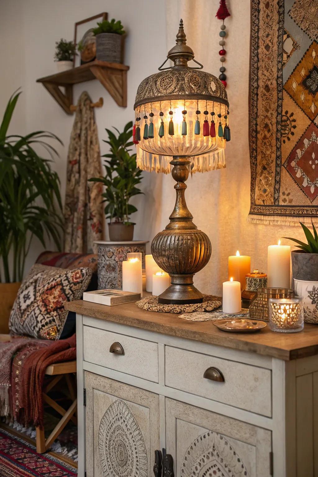 A metallic boho lamp adds a touch of glam to this boho sideboard.