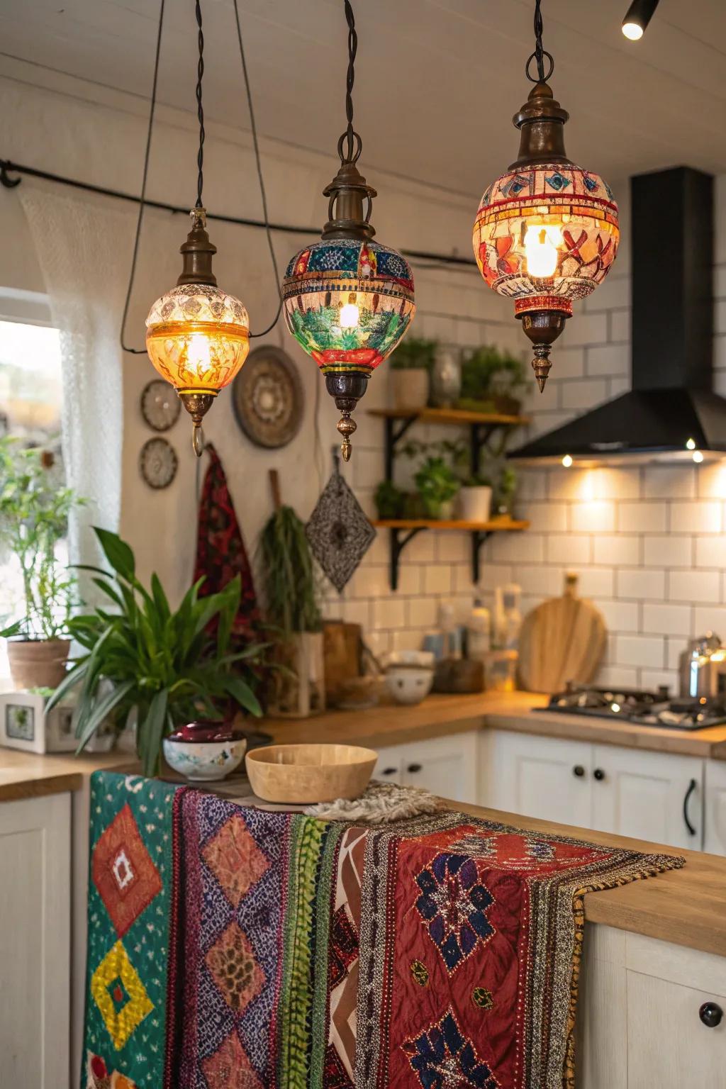 Colorful glass pendants bring vibrant charm to this boho kitchen.