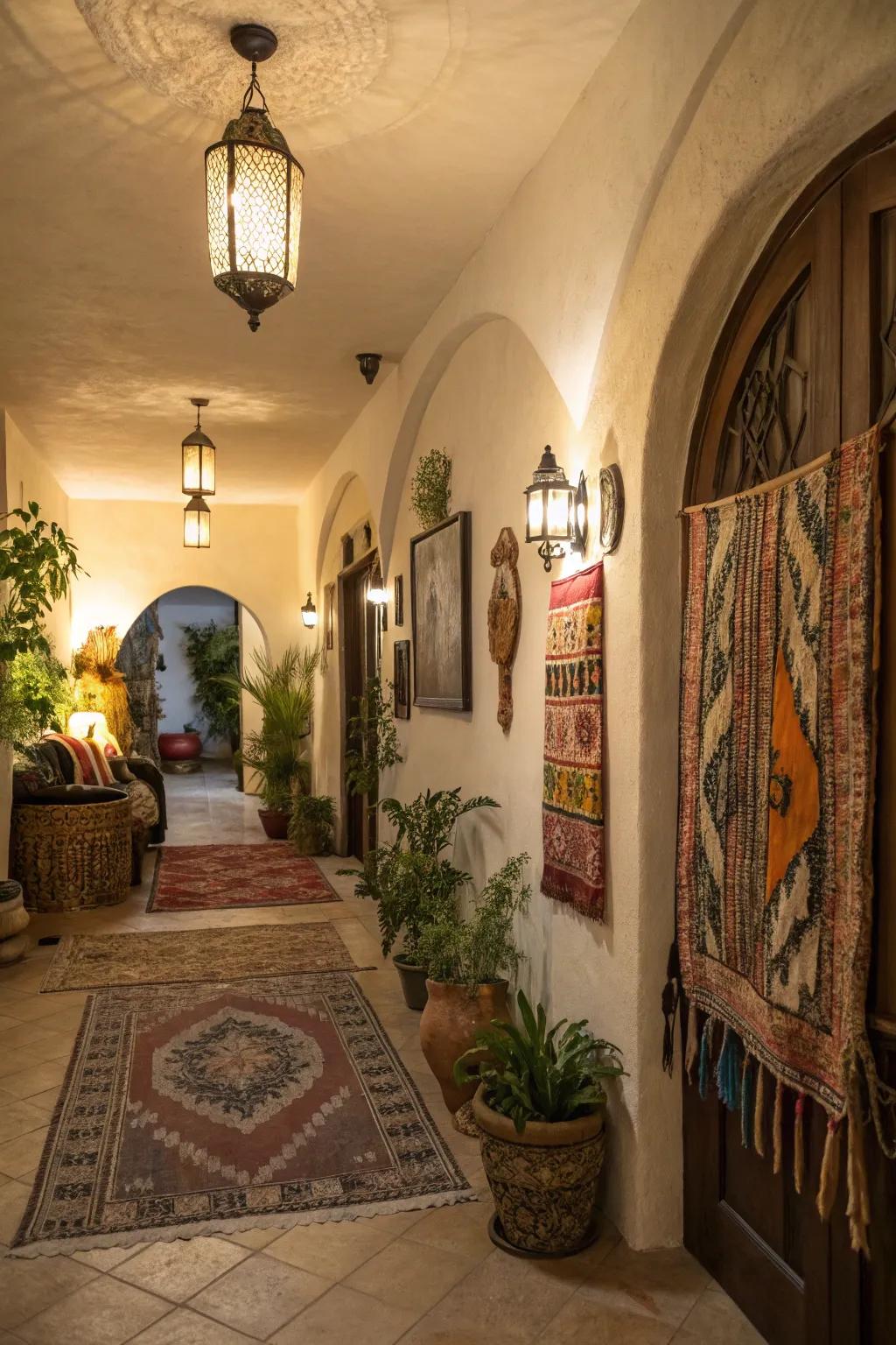 Clay sconces add an earthy, artistic touch to this boho entryway.