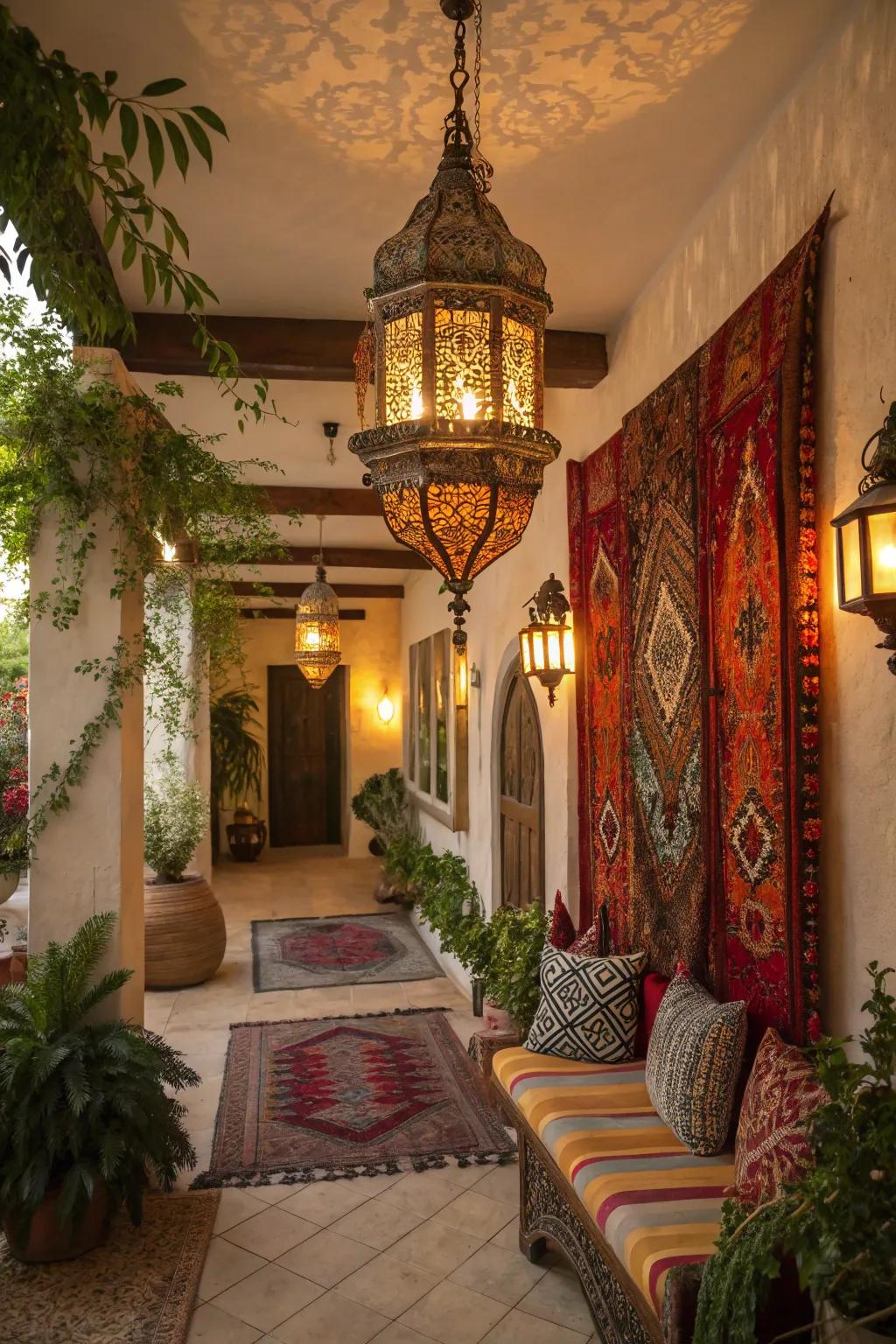 A Moroccan lantern brings exotic elegance to this boho entryway.