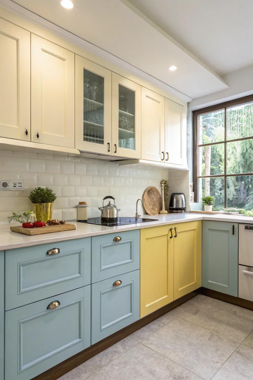 Two-tone cabinets offer a fresh yet classic kitchen design approach.