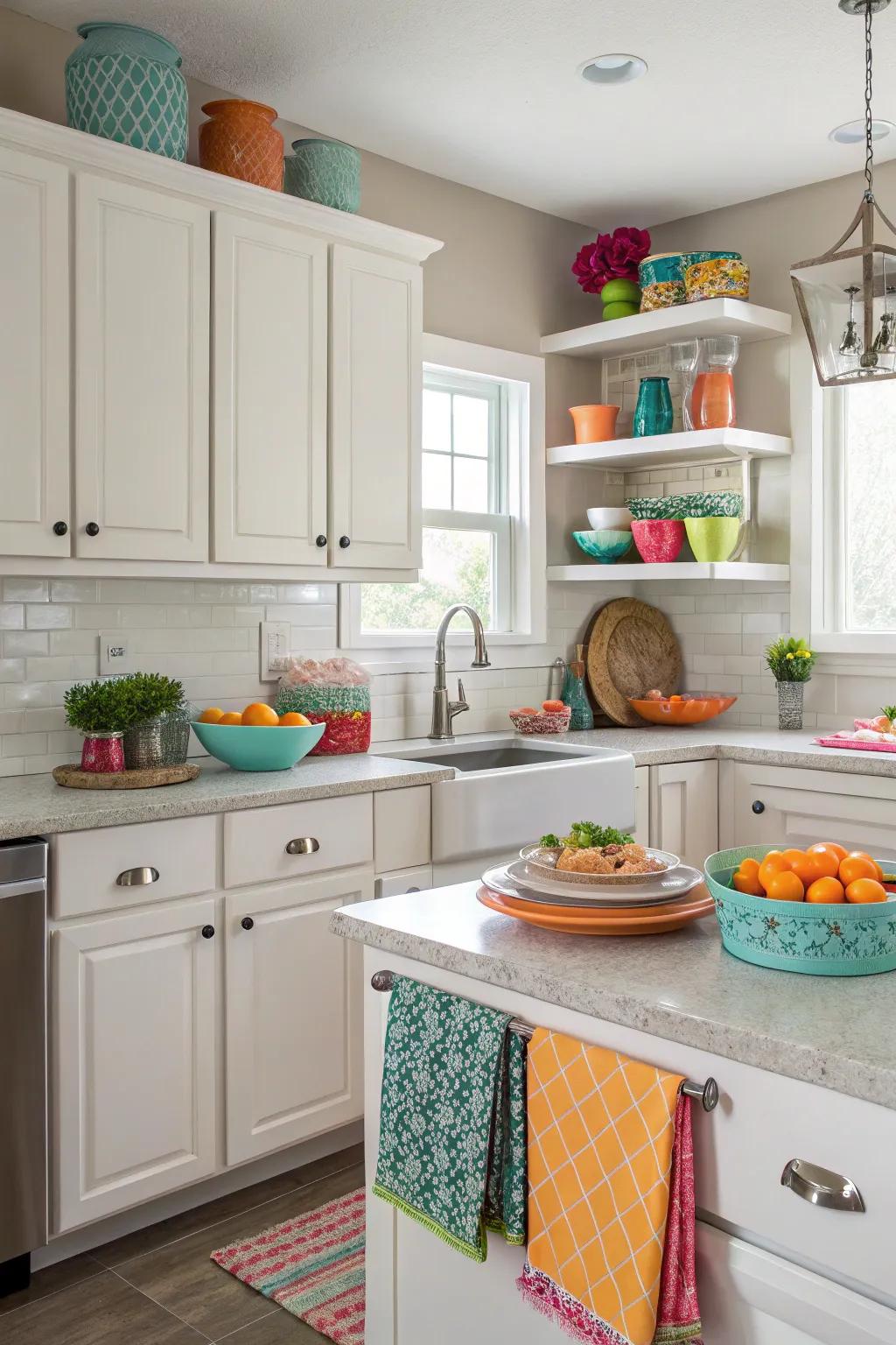Vibrant accessories can brighten a neutral kitchen setting.