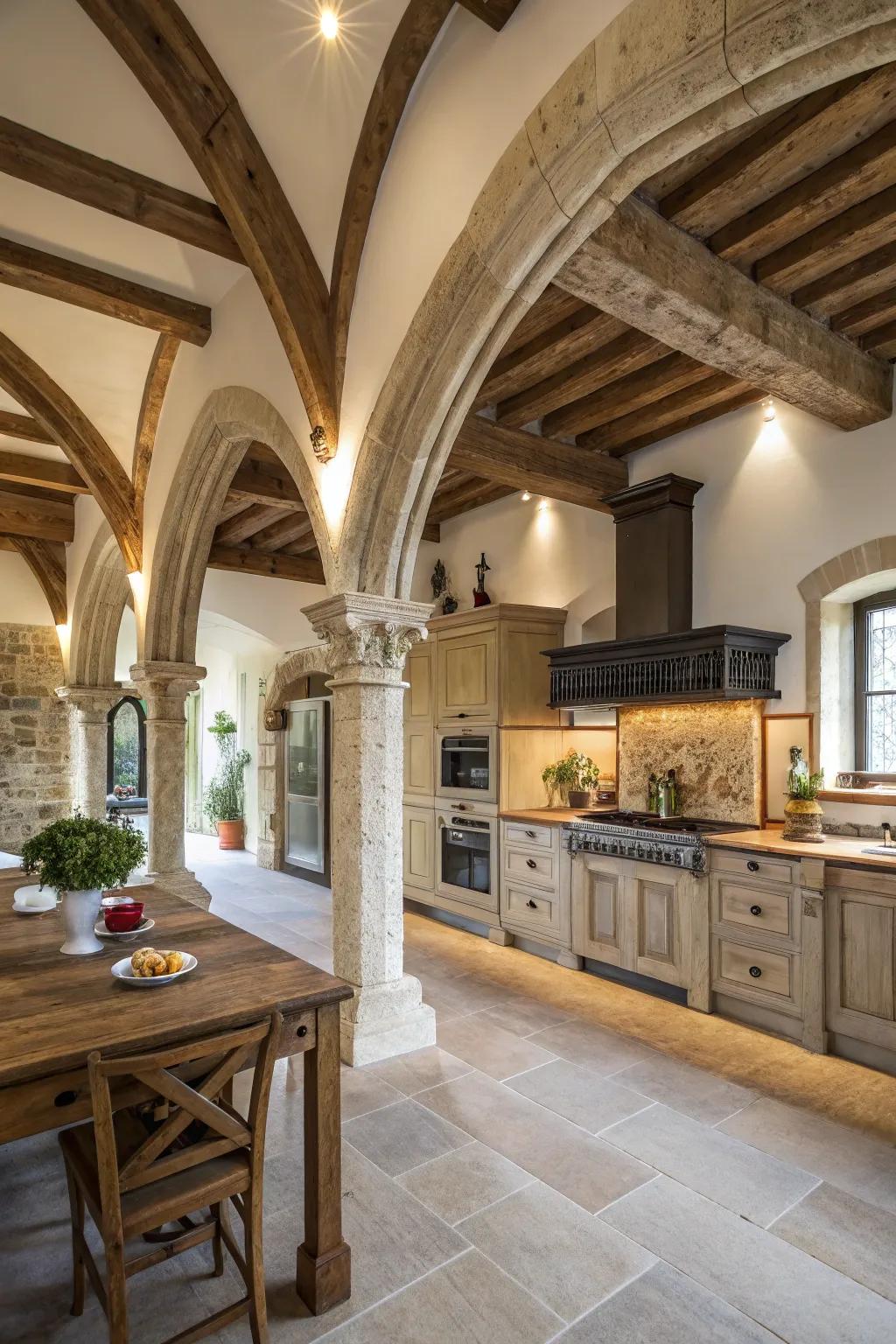 Emphasizing architectural features enriches kitchen design.