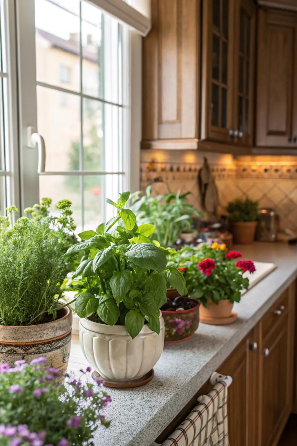 Green plants bring life and freshness to kitchen spaces.