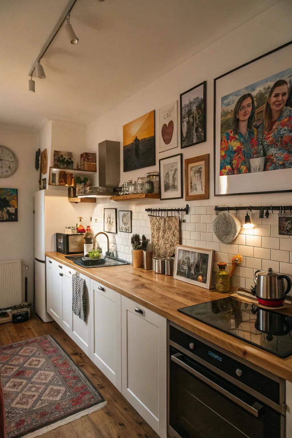 Displaying personal artwork adds warmth and individuality to kitchens.