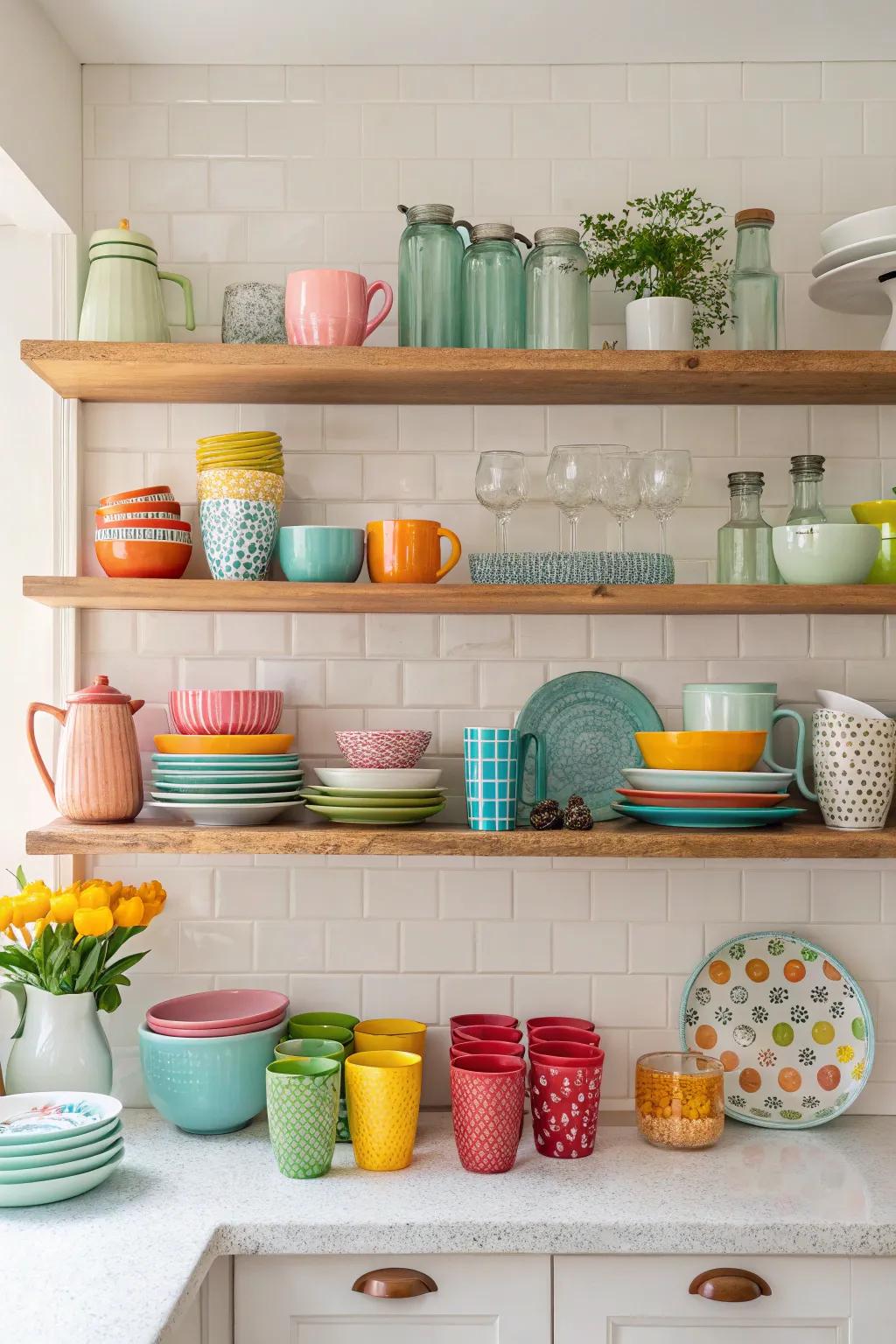 Open shelves combine practicality with decorative display in kitchens.