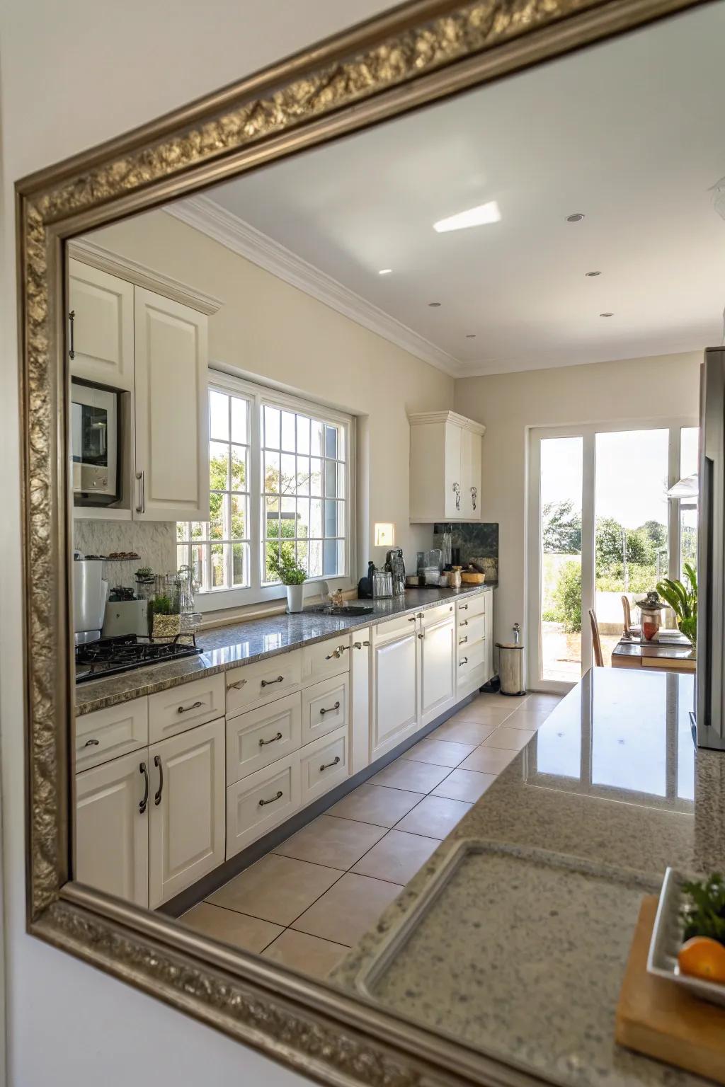 Mirrors reflect light and create a sense of spaciousness in kitchens.
