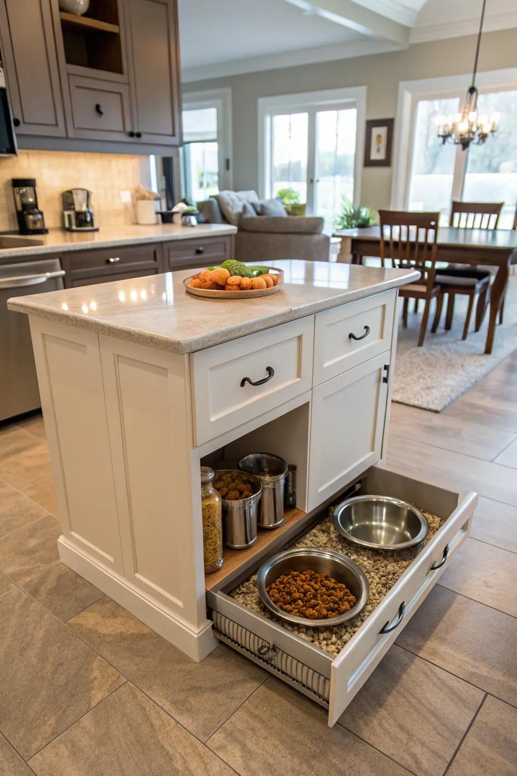 Innovative pet-friendly kitchen island design.