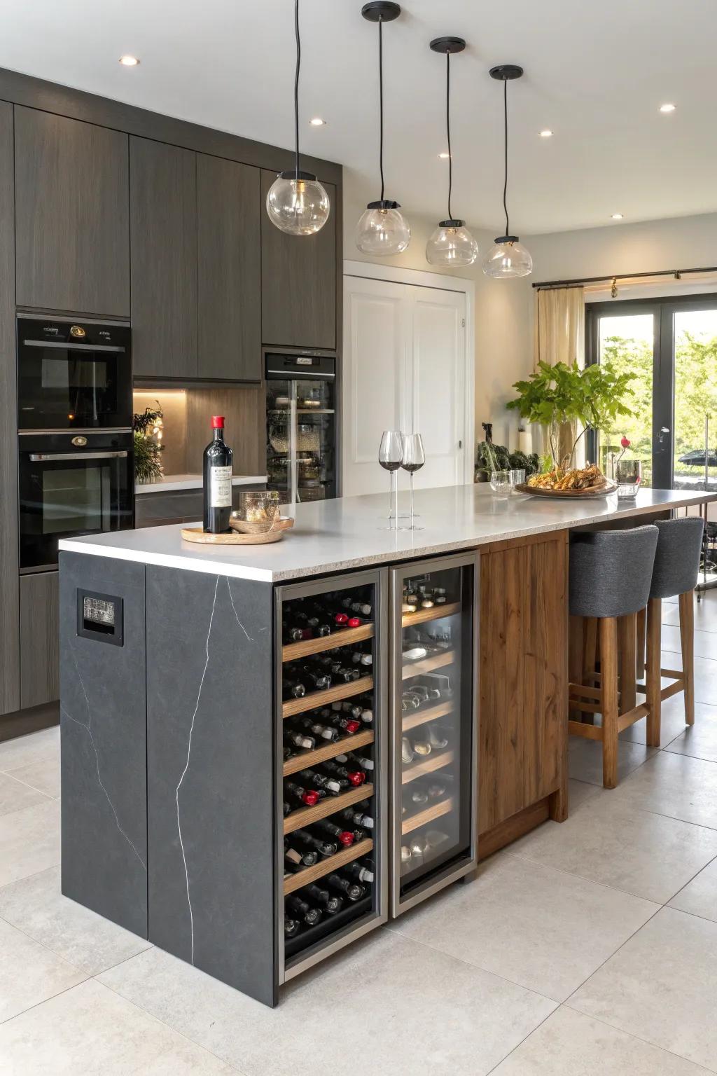 Elegant kitchen island with built-in wine storage.