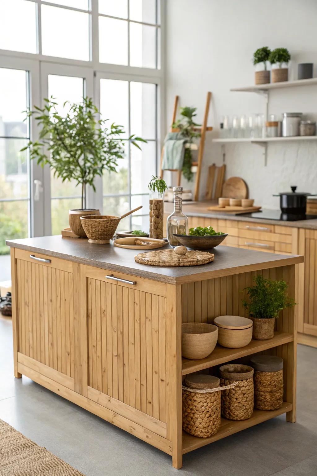 Bamboo kitchen island offering natural warmth and style.