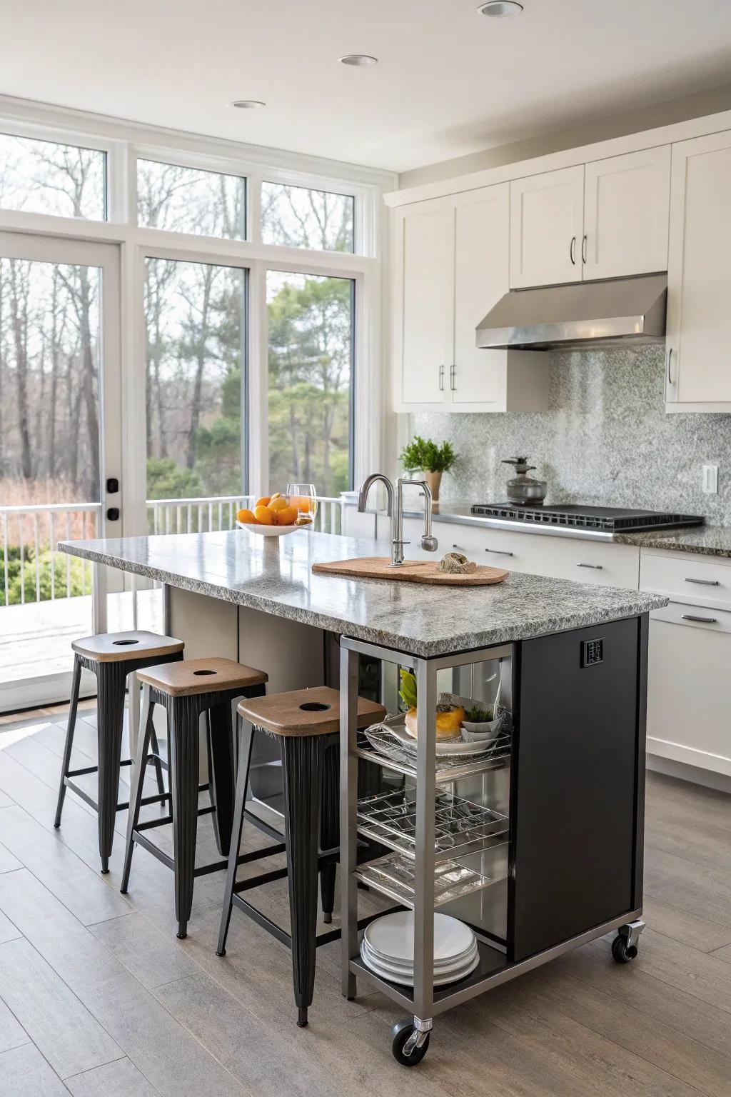 Portable breakfast bar for informal dining and socializing.