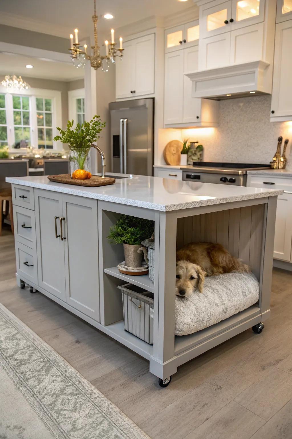 Comfortable pet nook integrated into kitchen island.