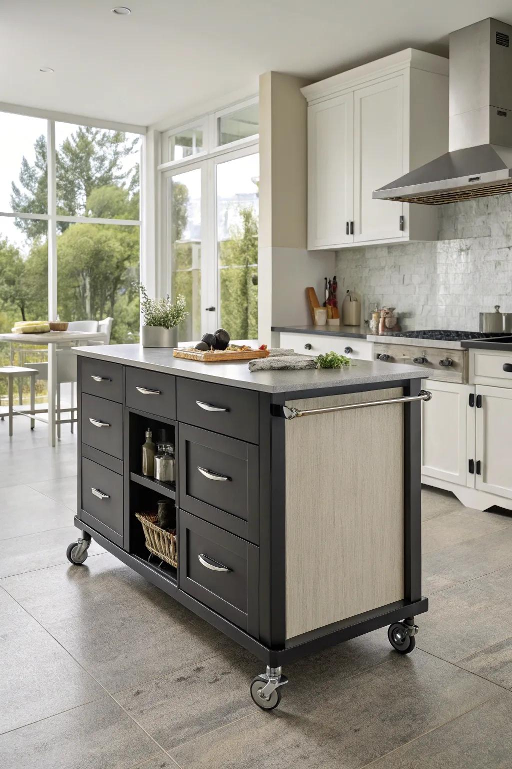 Semi-mobile kitchen island balancing sturdiness and flexibility.