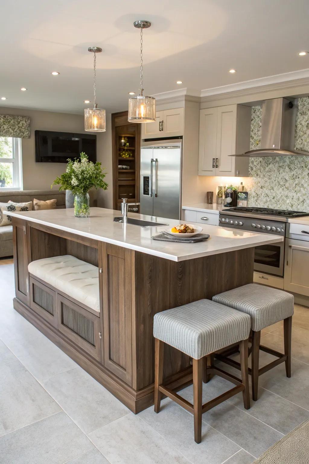 Kitchen island with built-in seating for social gatherings.