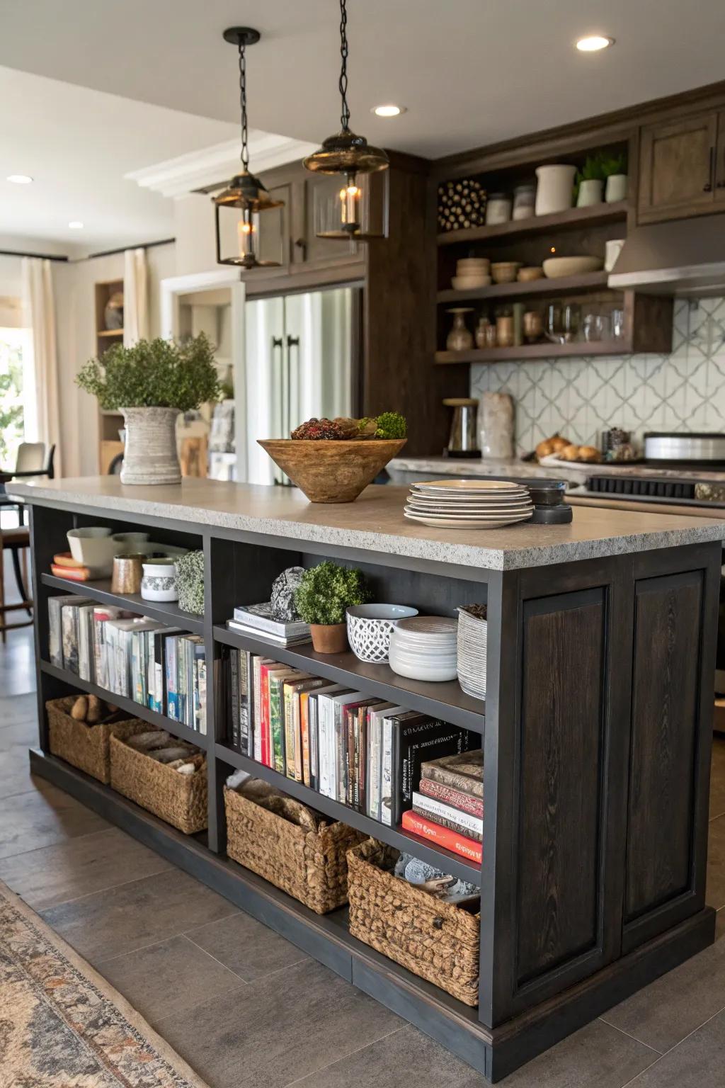 Kitchen island featuring open shelves for easy access and display.