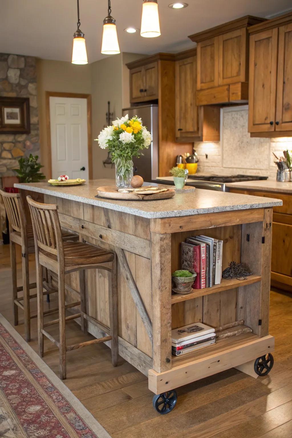 Rustic farmhouse-style mobile kitchen island.