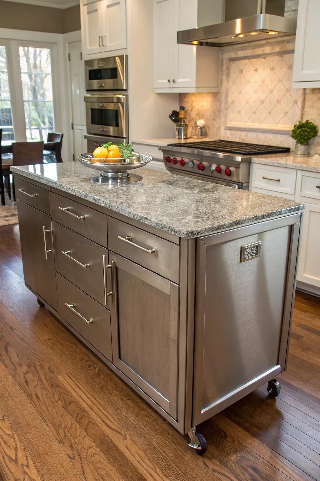 Granite countertop mobile kitchen island combining durability and style.
