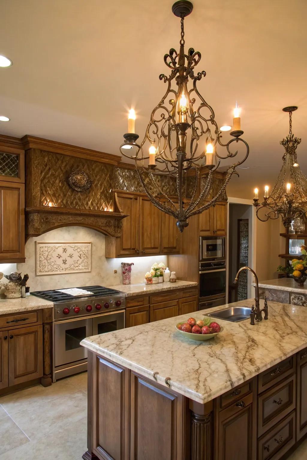 Unique lighting fixtures create a striking focal point in your kitchen.