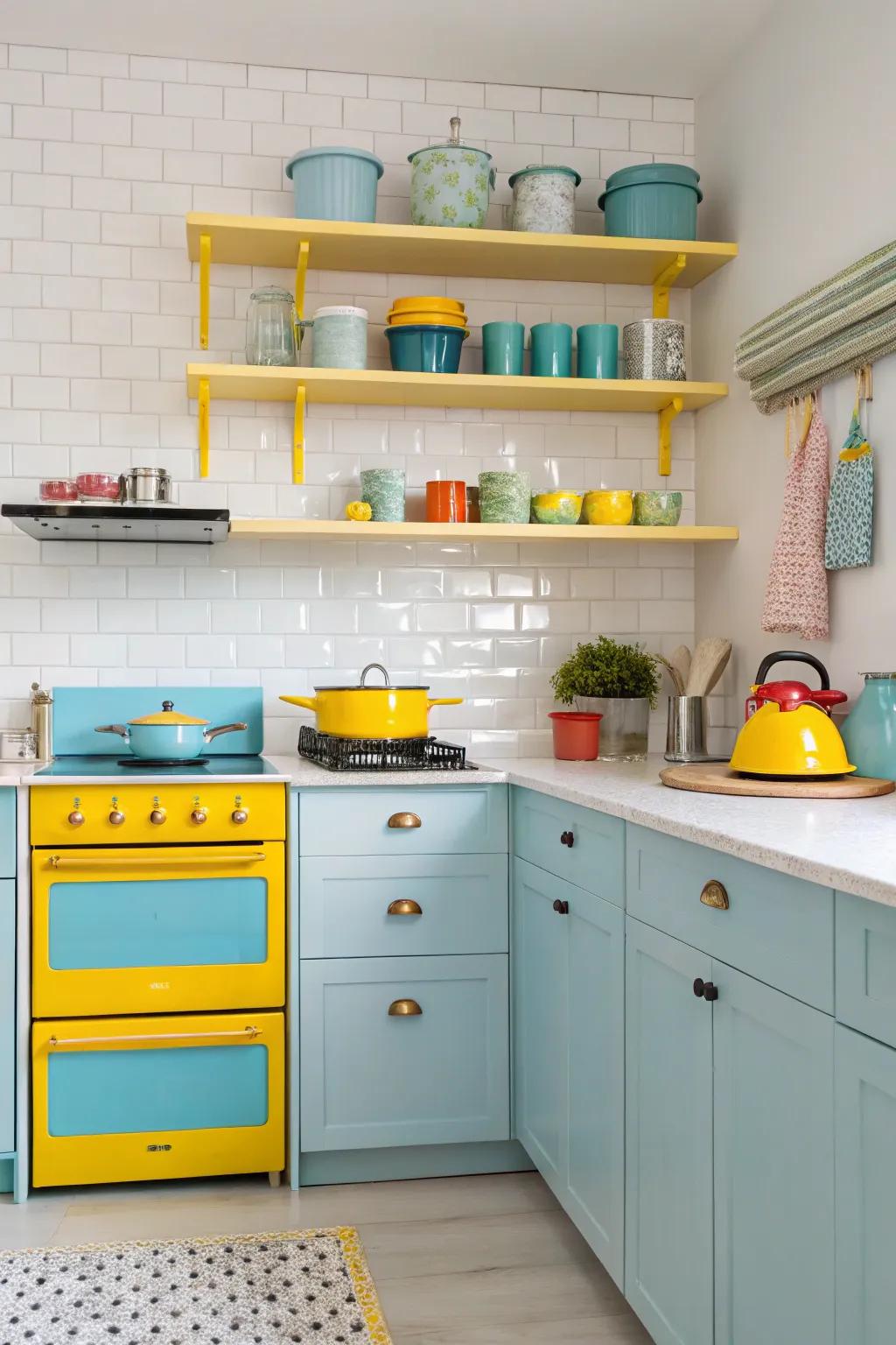 Bold colors energize a whimsical kitchen environment.