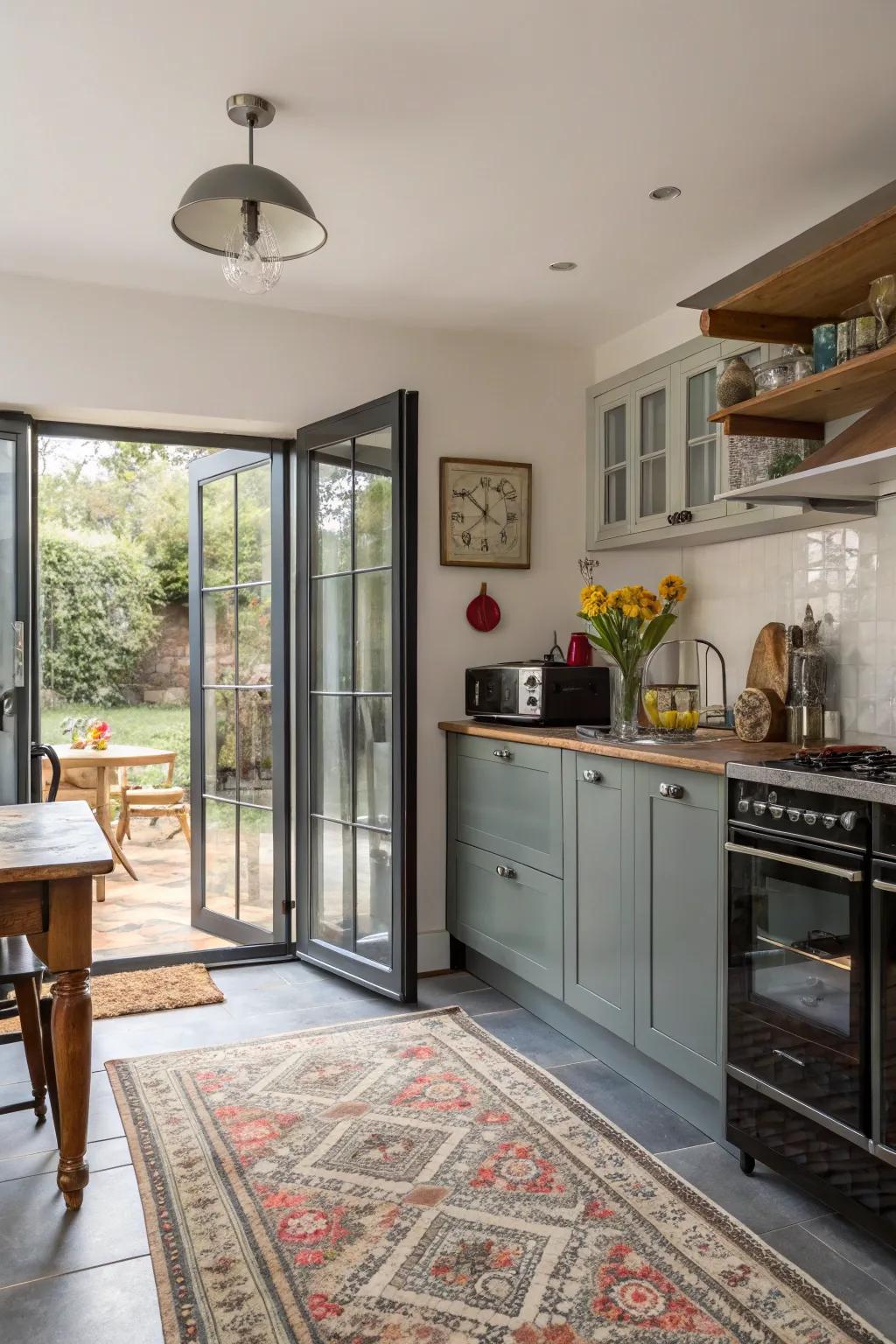 Create a unique kitchen vibe by mixing modern bifold doors with vintage accents.